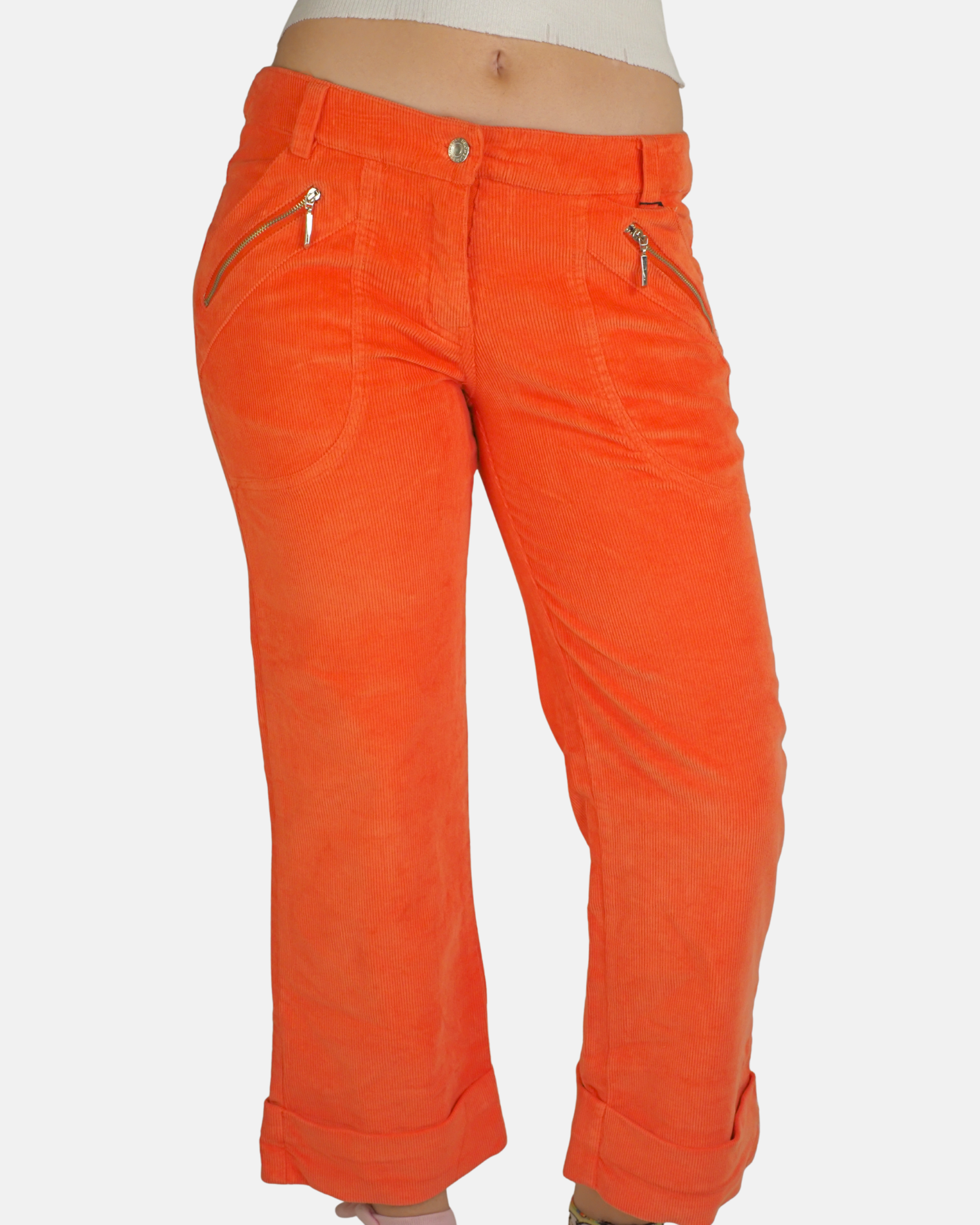 Y2K Orange Corduroy Zip Pocket Trousers - Qusheng