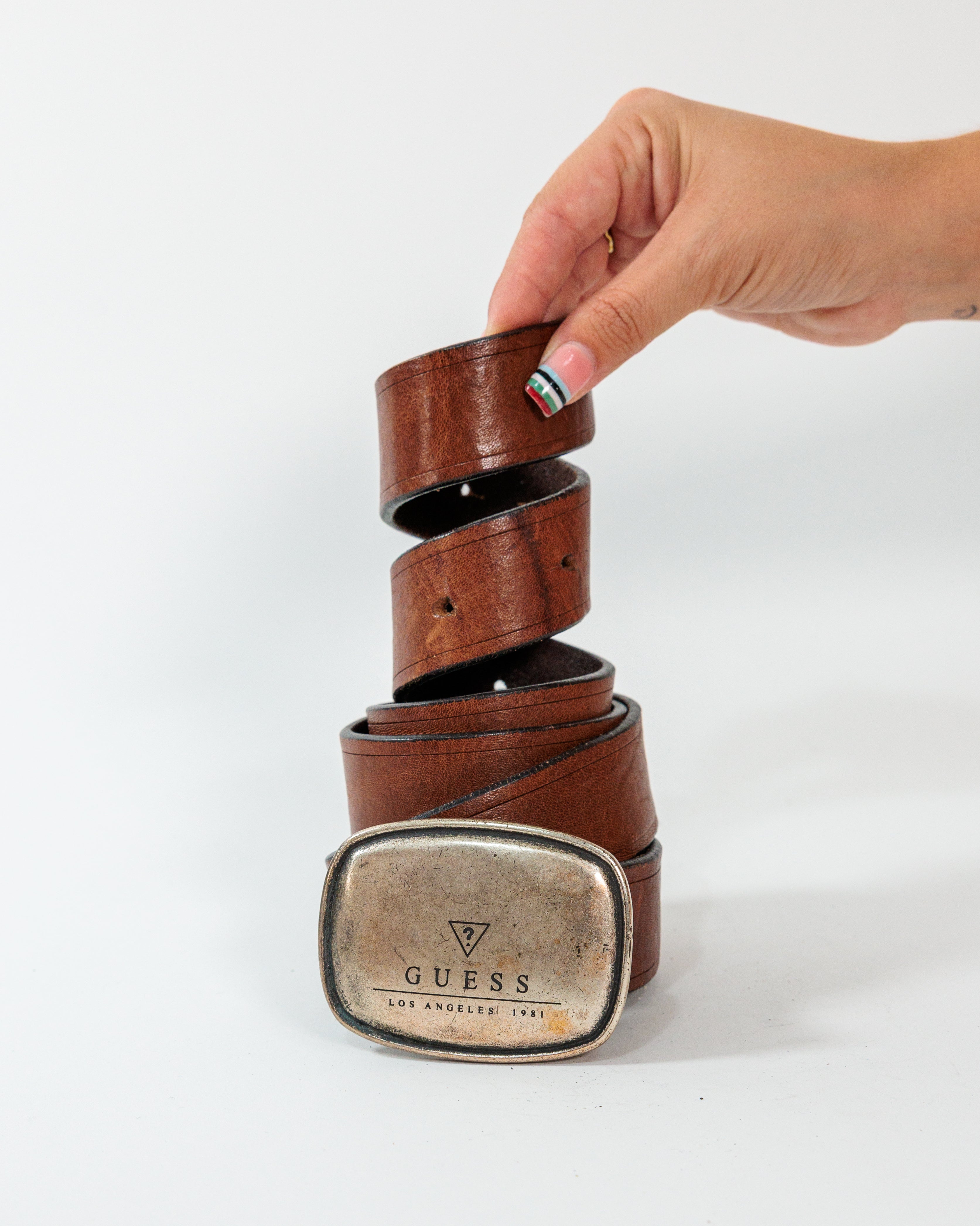 Brown Leather Logo Buckle Belt - GUESS