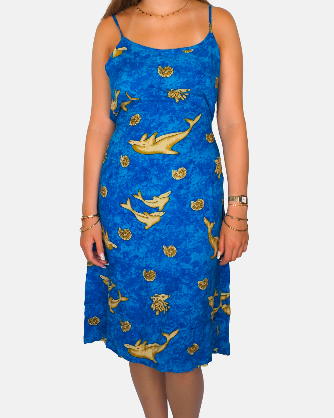 Ocean Blue Dolphin Print Midi Dress
