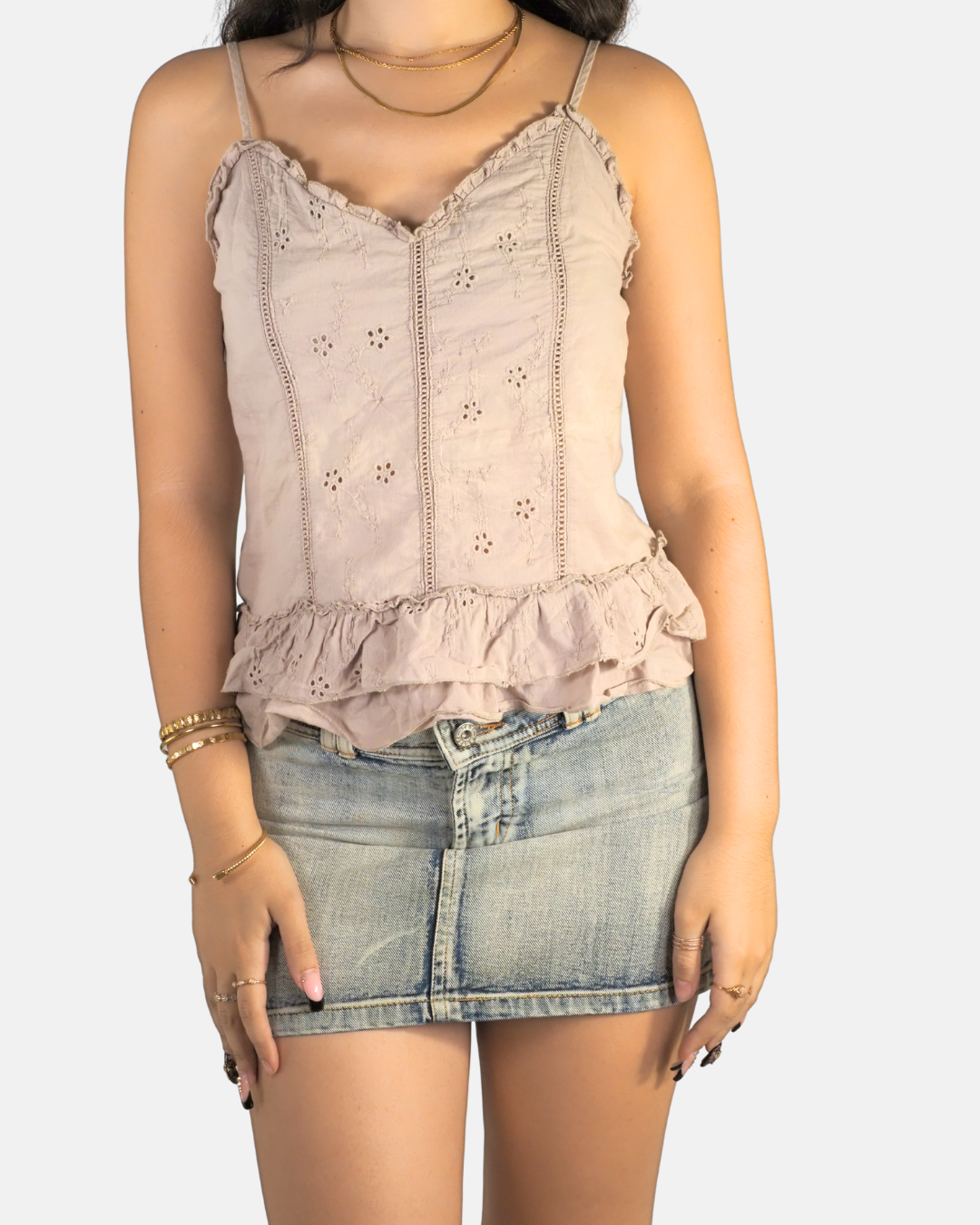 Y2K Beige Broderie Ruffle Cami Top - Anima Bella