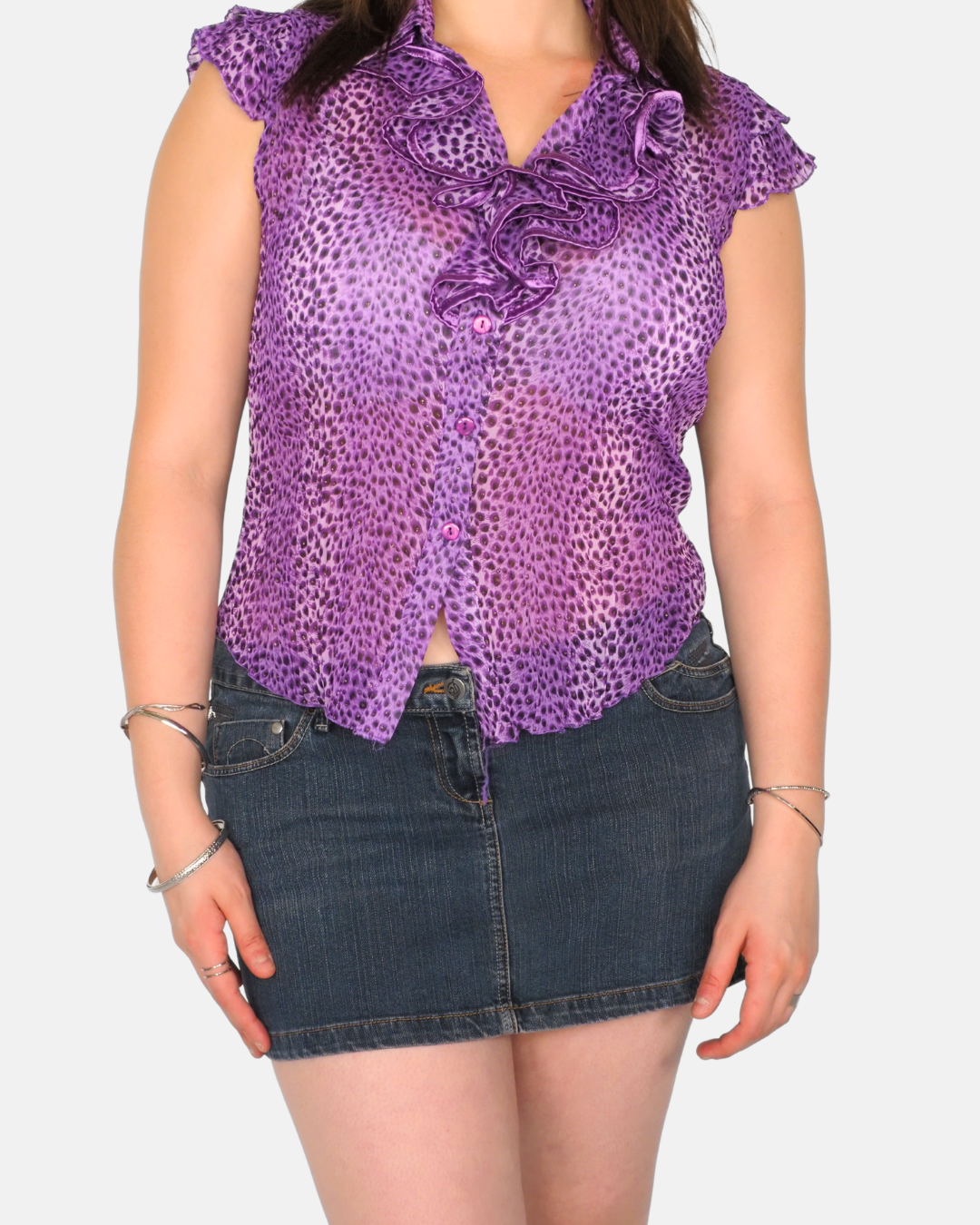 Purple Animal Print Ruffle Button-Up Blouse