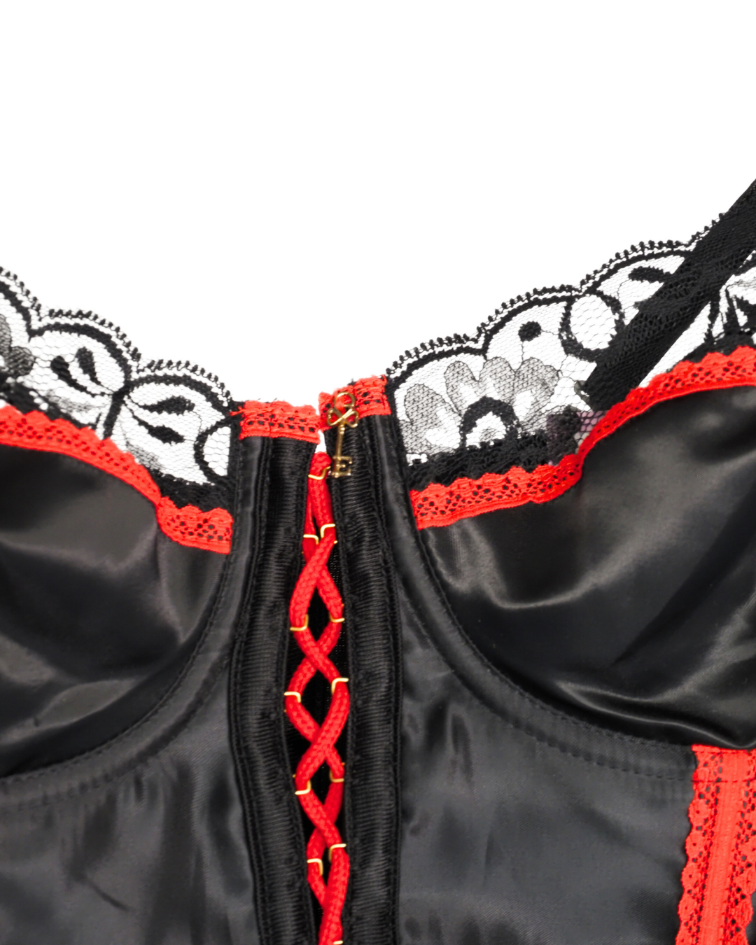 Black Satin Corset Top with Red Lace-Up & Lace Trim