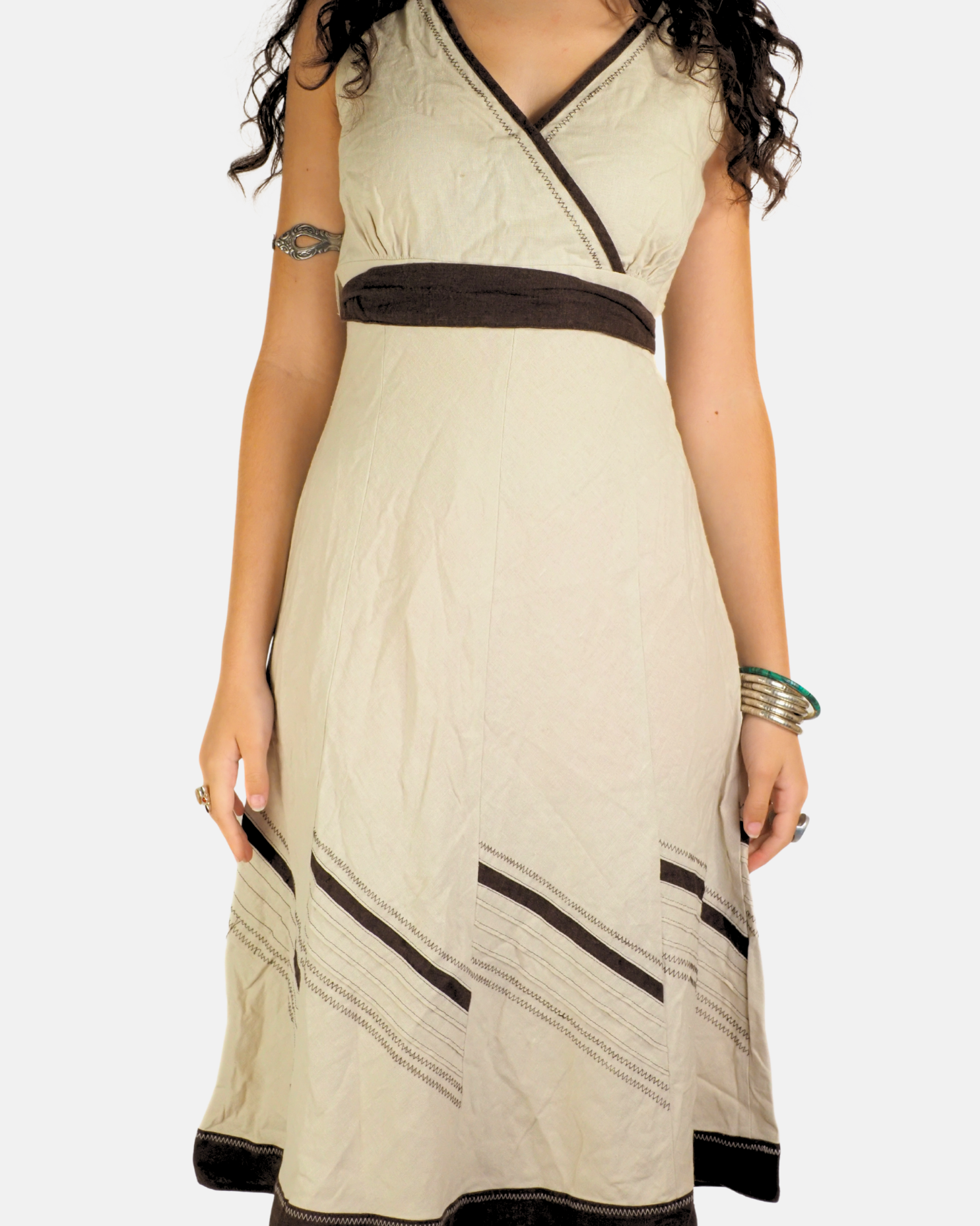Y2K Cream Contrast Trim Empire Midi Dress - BHS