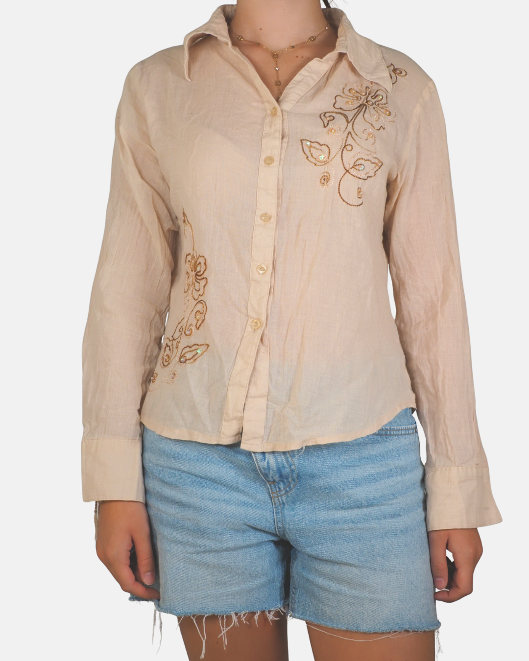 Beige Embroidered Sequin Shirt - Red Rose