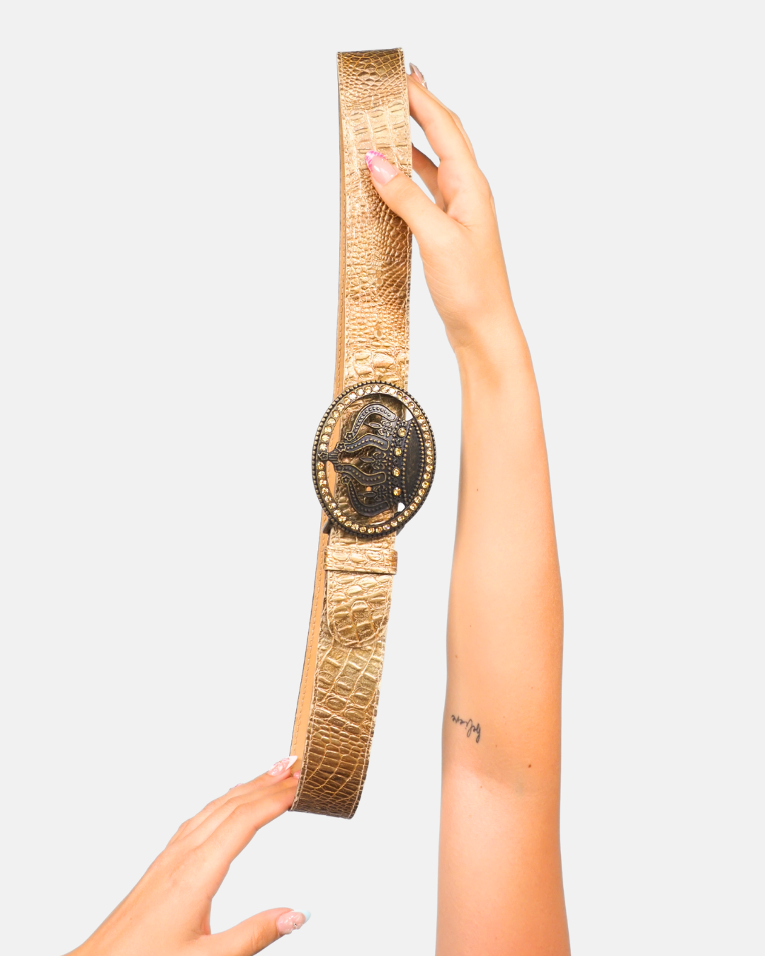Gold Croc Embossed Belt with Crown Buckle
