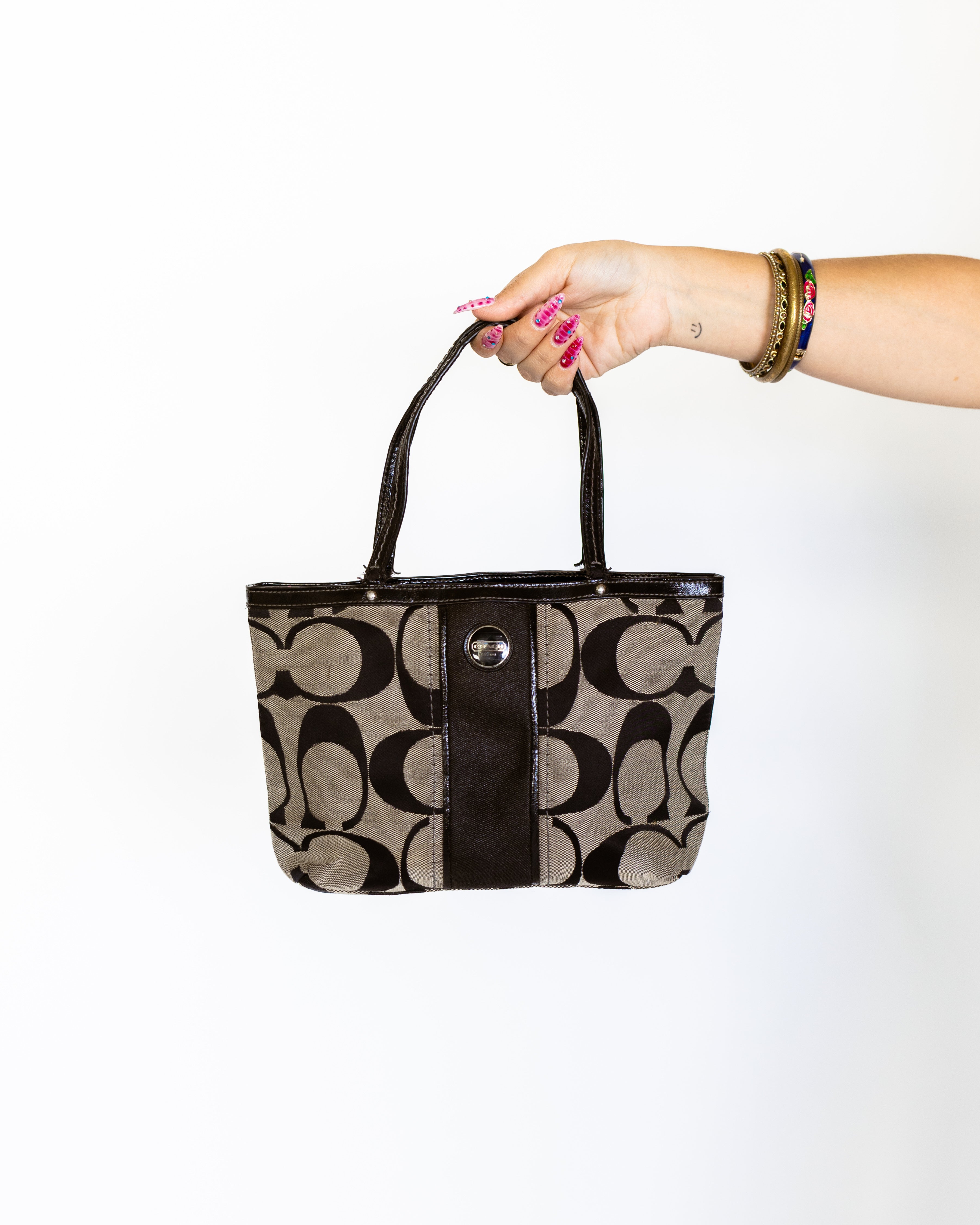 Coach Black Signature Jacquard Mini Tote with Patent Trim