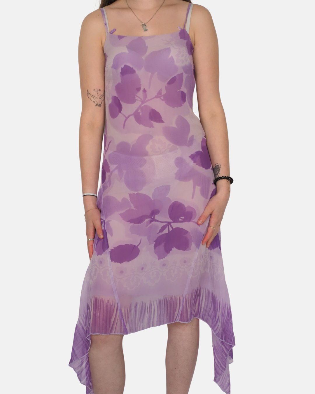 Klandestine Vintage Purple Floral Sheer Asymmetrical Midi Dress