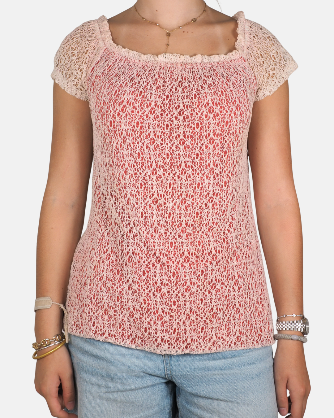 Pink Open-Knit Baby Tee