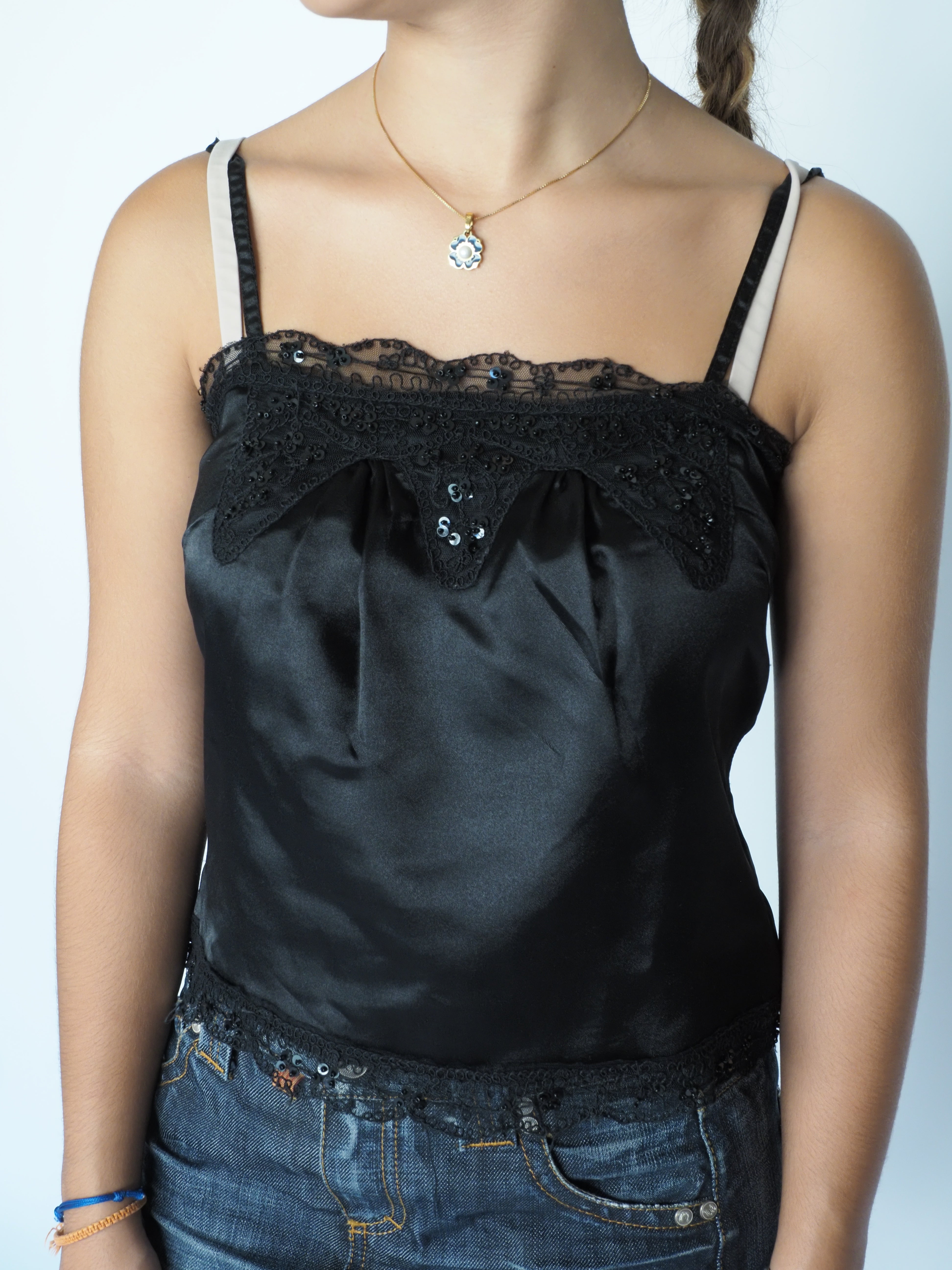 Vintage Black Satin Cami with Beaded Lace Detail