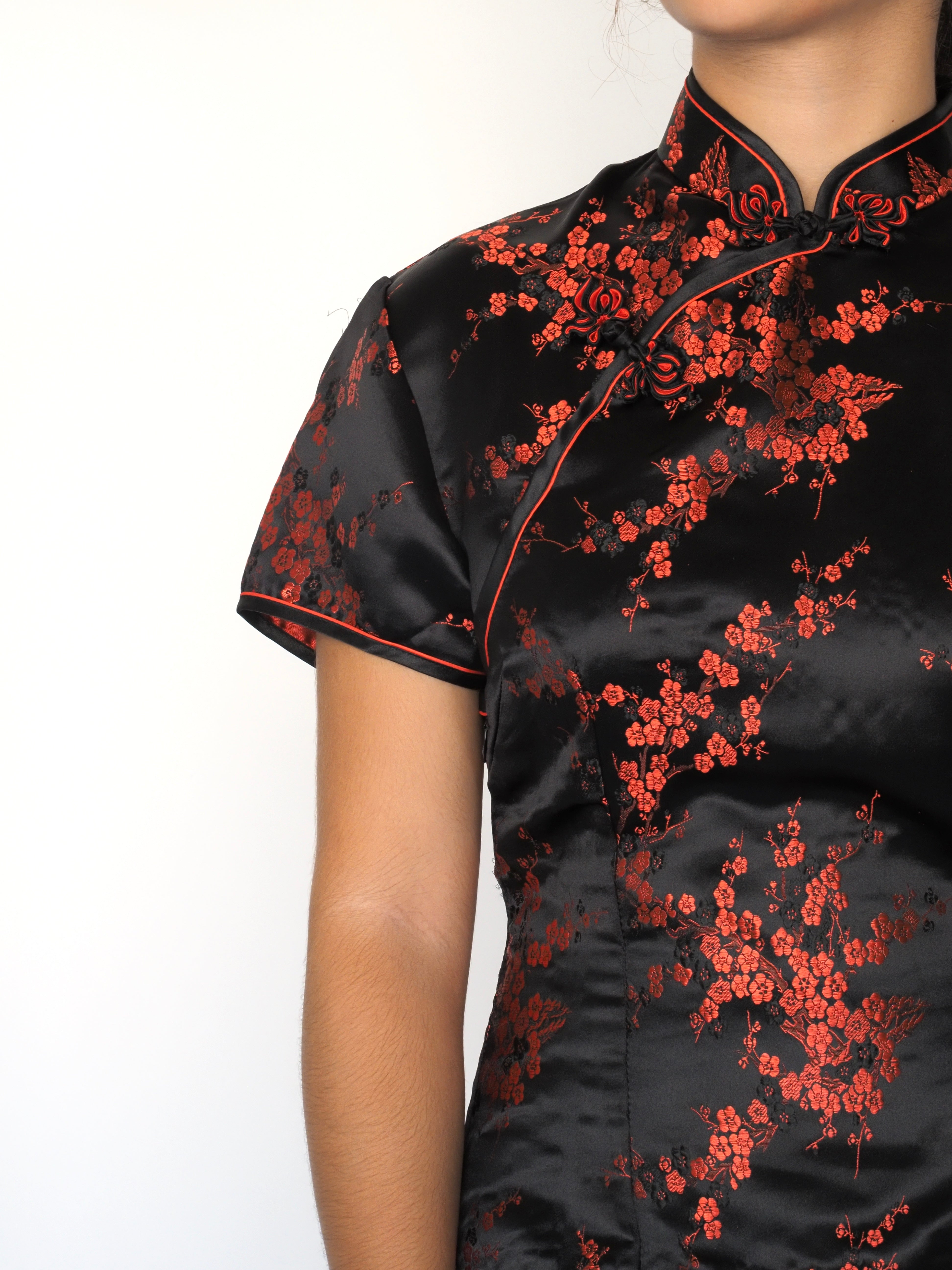 Black & Red Floral Satin Cheongsam Dress
