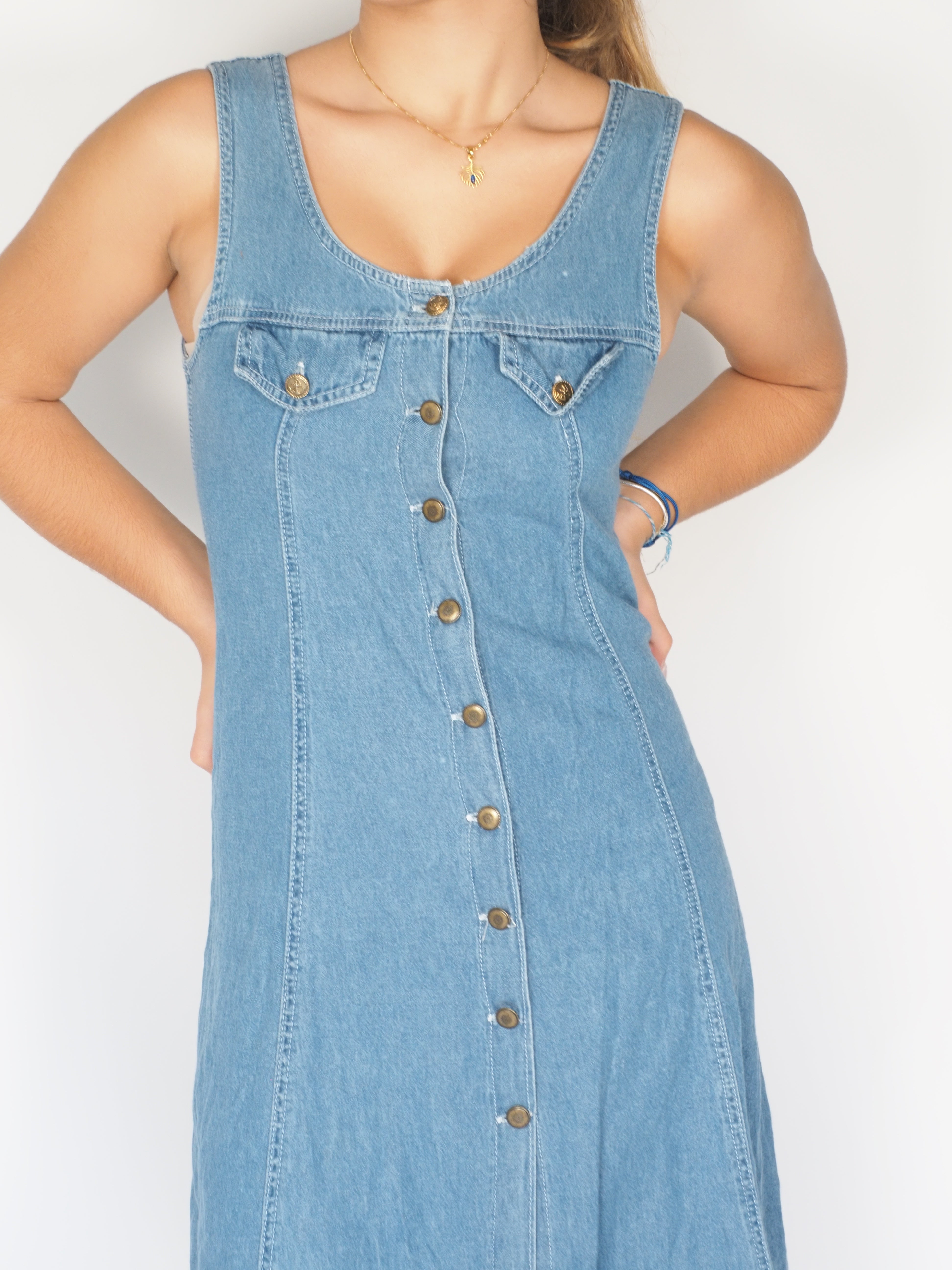 Button-Front Sleeveless Denim Midi Dress