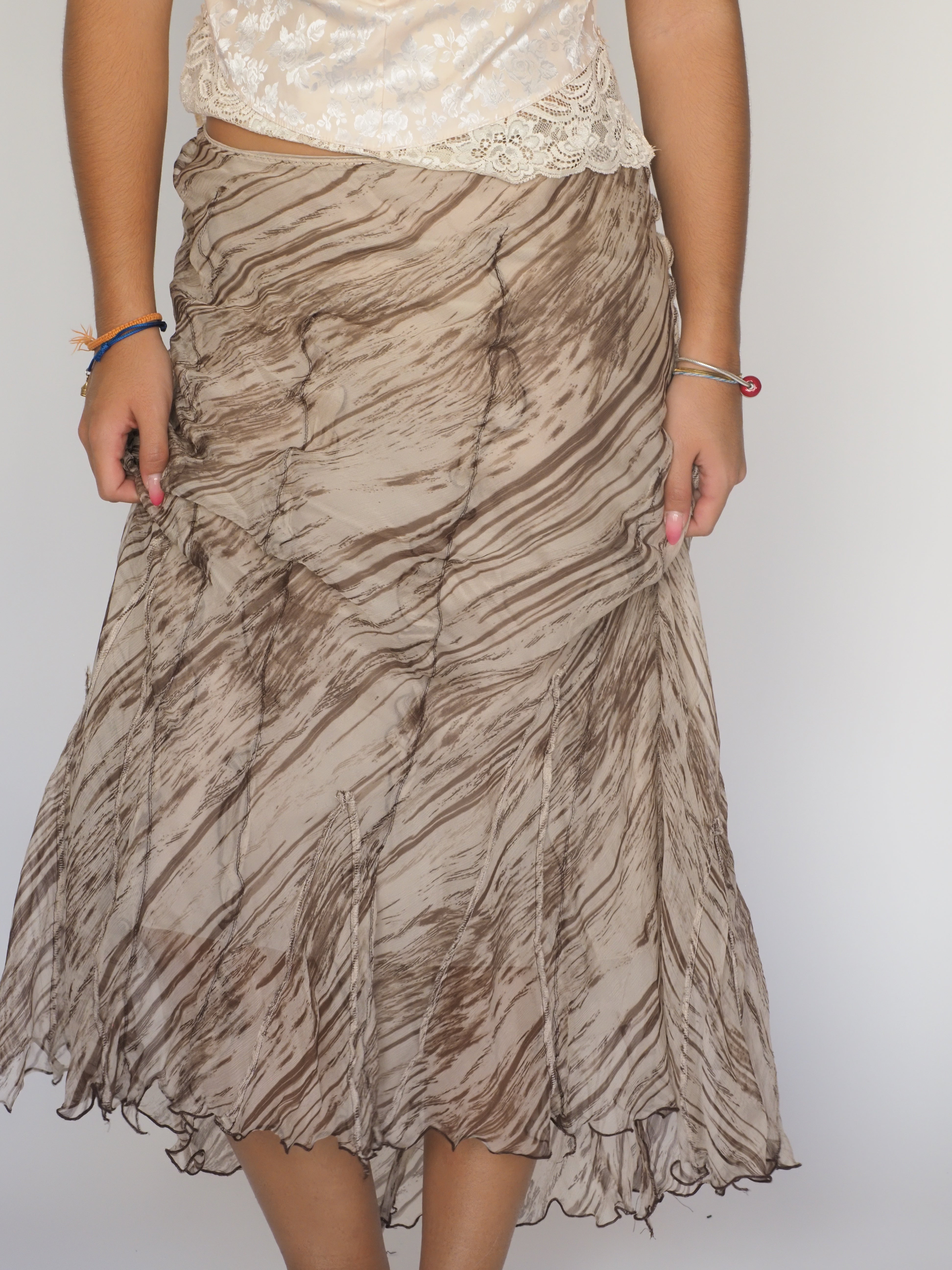 Brown Marble Print Asymmetrical Hem Midi Skirt