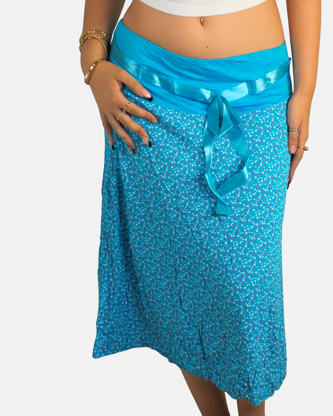 Turquoise Floral Satin-Tie Midi Skirt
