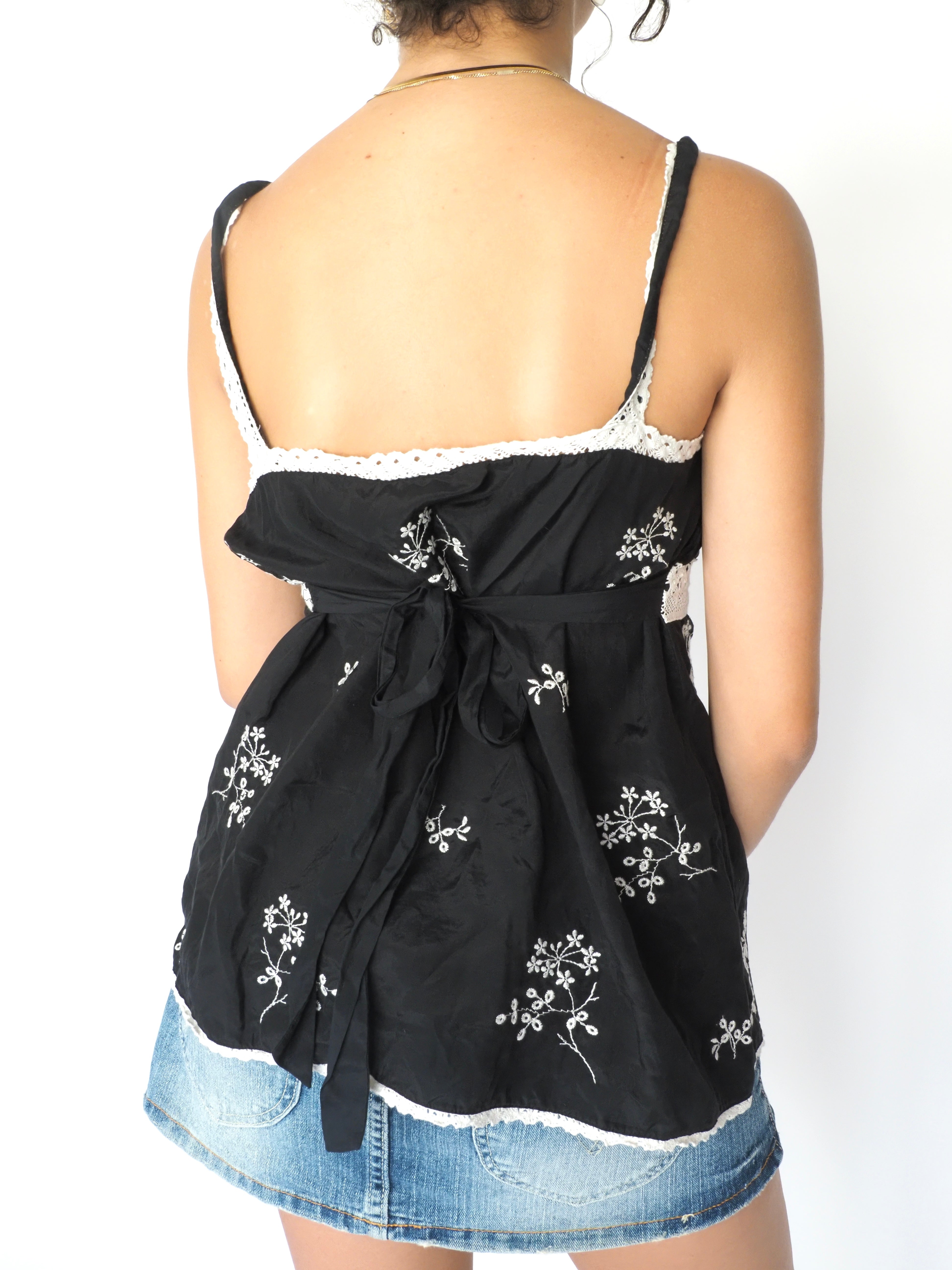 Oasis Black Floral Embroidered Boho Cami Top