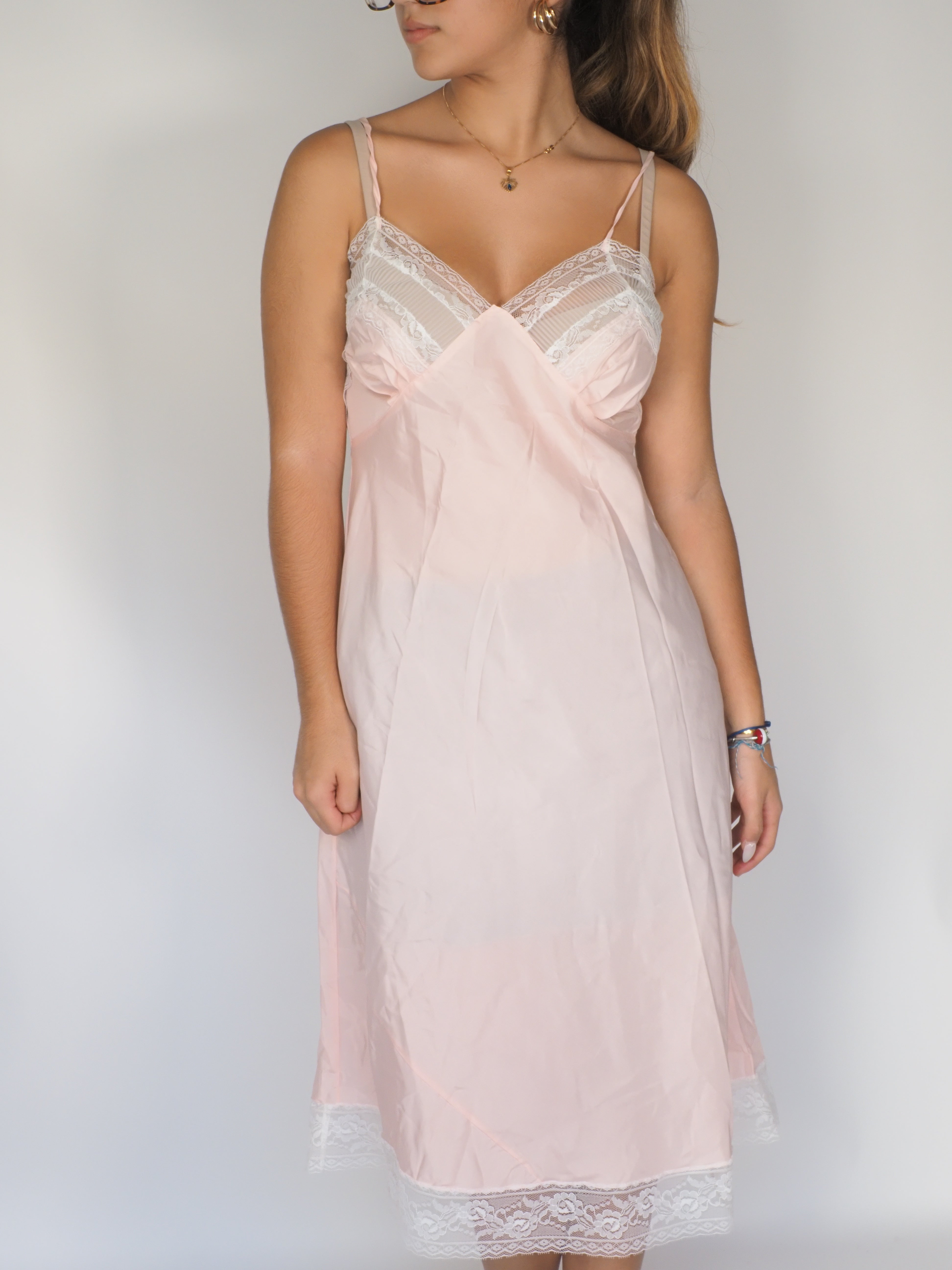 Blush Pink Satin Slip Dress with Lace Trim