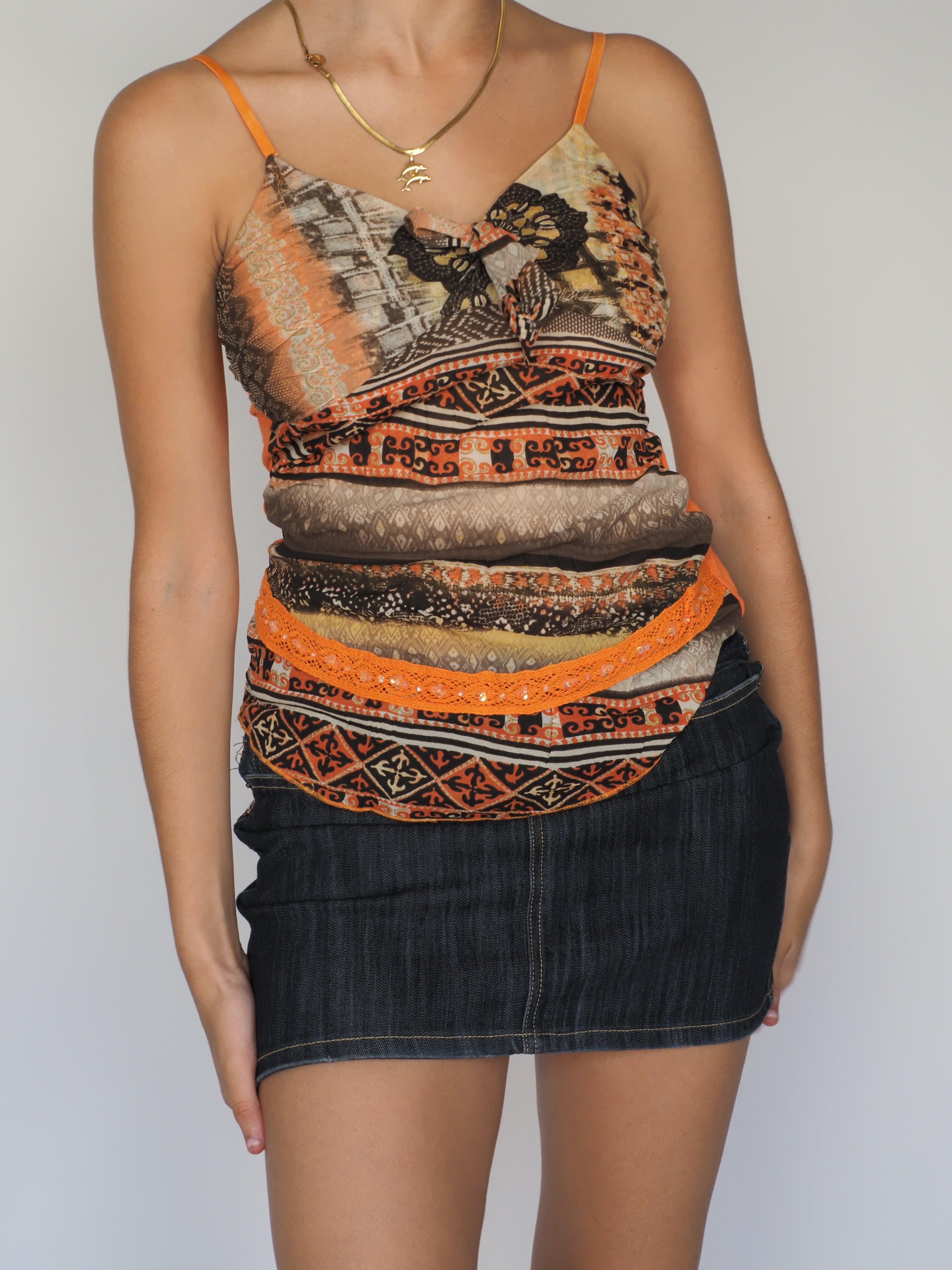 Frime Boho Patchwork Print Cami Top – Orange & Brown