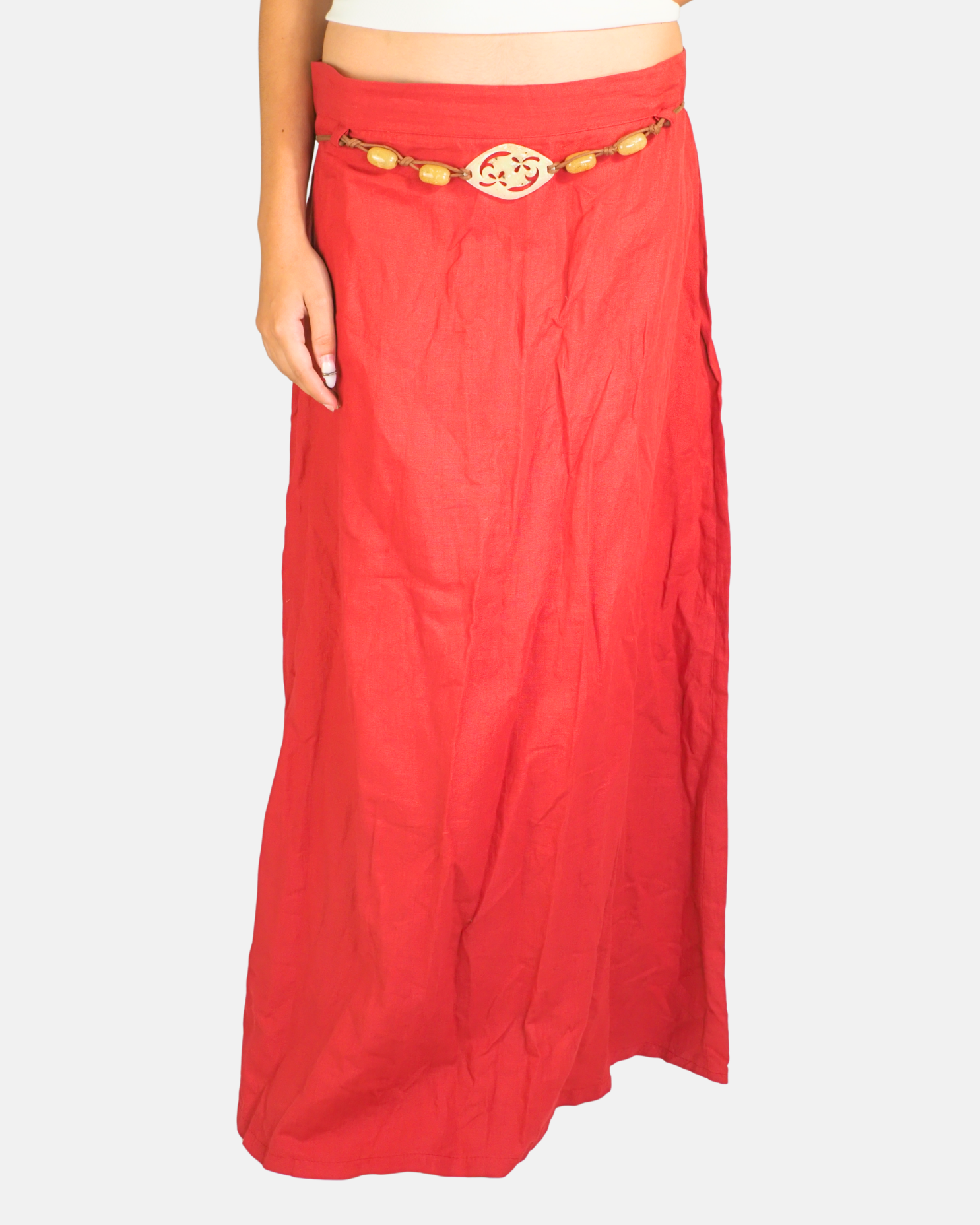 Red Boho Maxi Skirt with Rope Belt