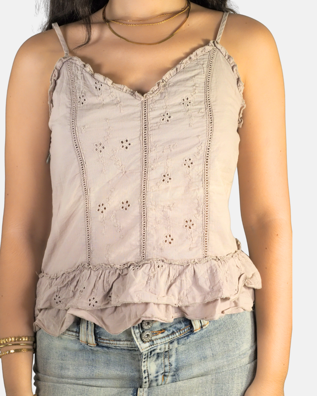 Y2K Beige Broderie Ruffle Cami Top - Anima Bella