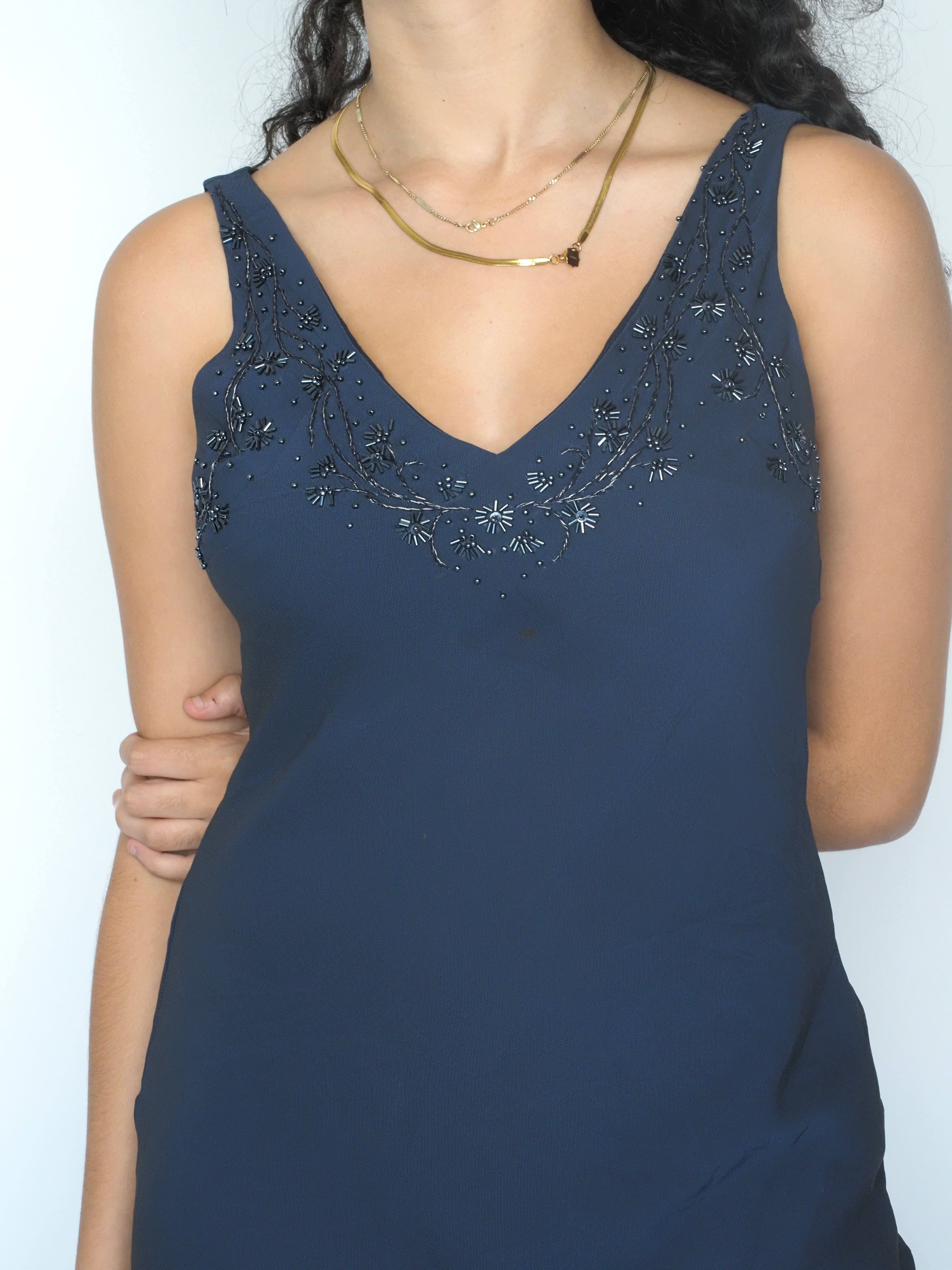 Navy Beaded Midi Slip Dress – David Lawrence