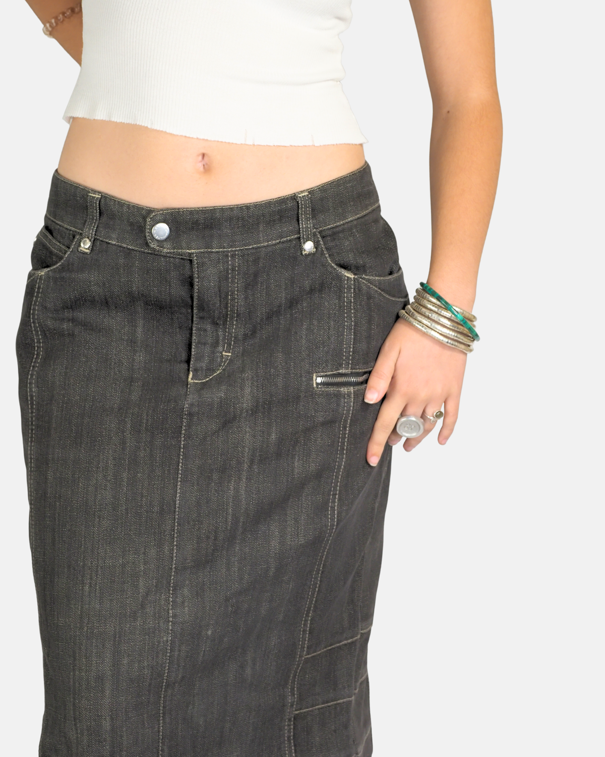 Dark Wash Denim Utility Midi Skirt - Perte Aktive