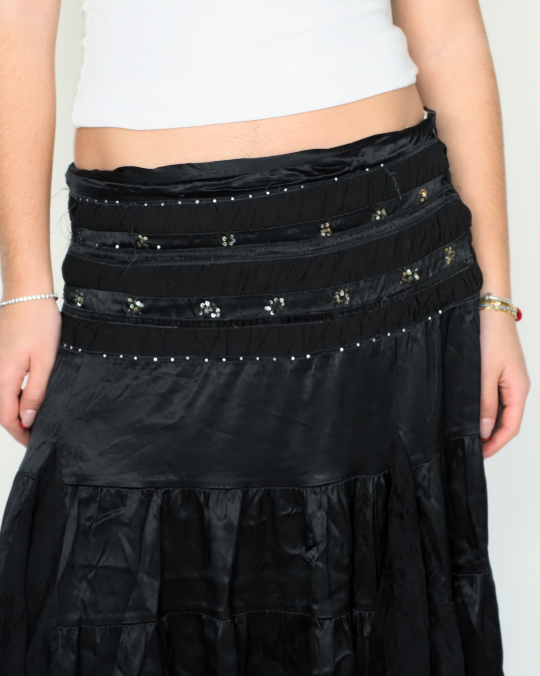 Black Embellished Tiered Midi Skirt