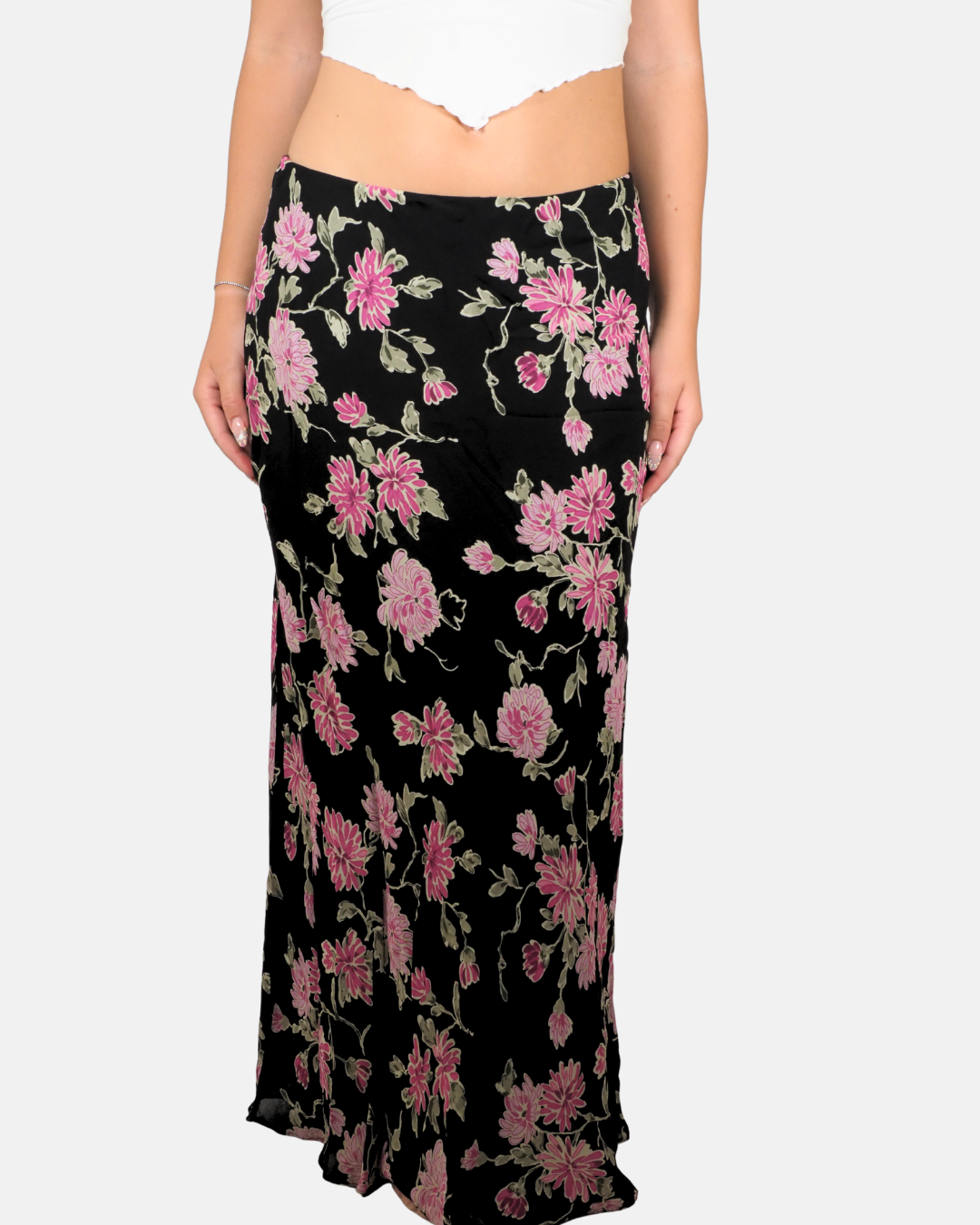 Black & Pink Floral Bias Maxi Skirt