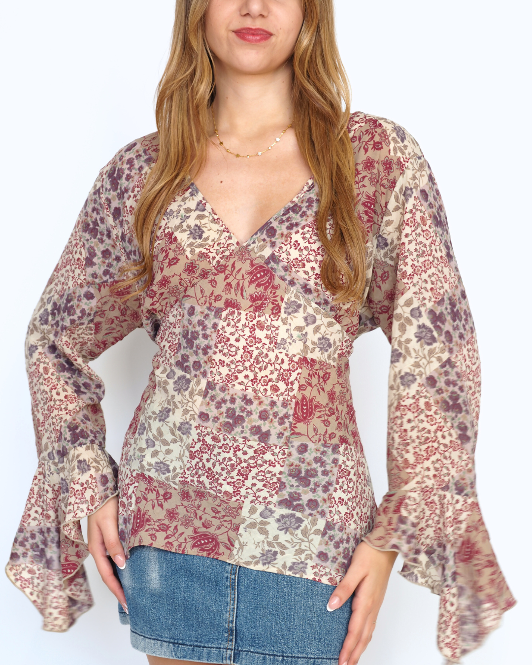 Fashion Bug Bell Sleeve Patterned Top with Lace-up Detail