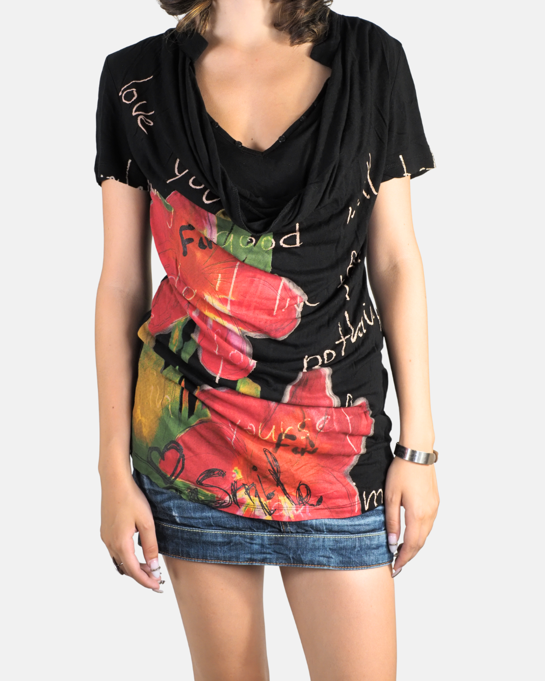Y2K Black Graphic Cowl Neck Top by Desigual