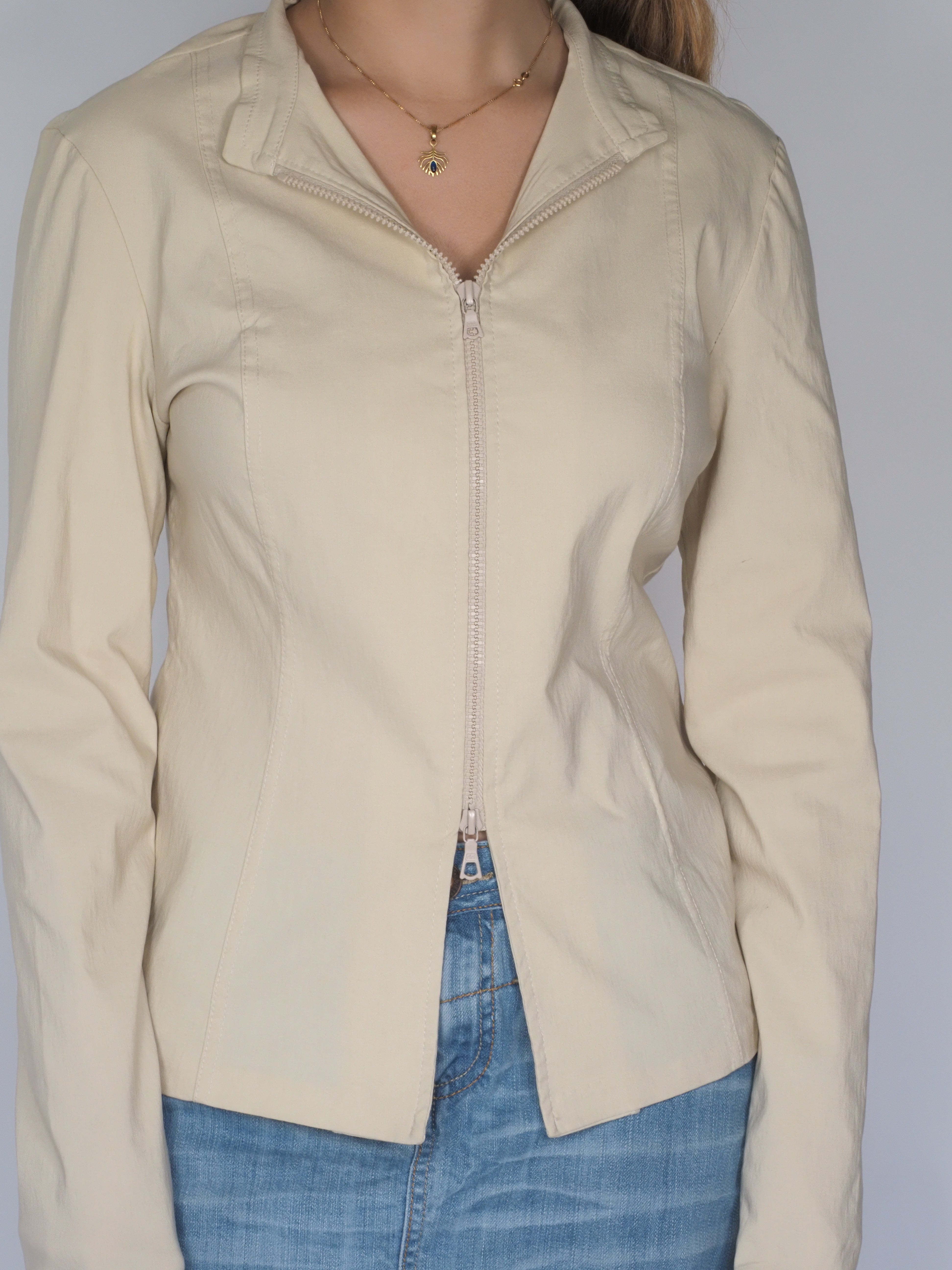 Beige Fitted Zip-Up Jacket