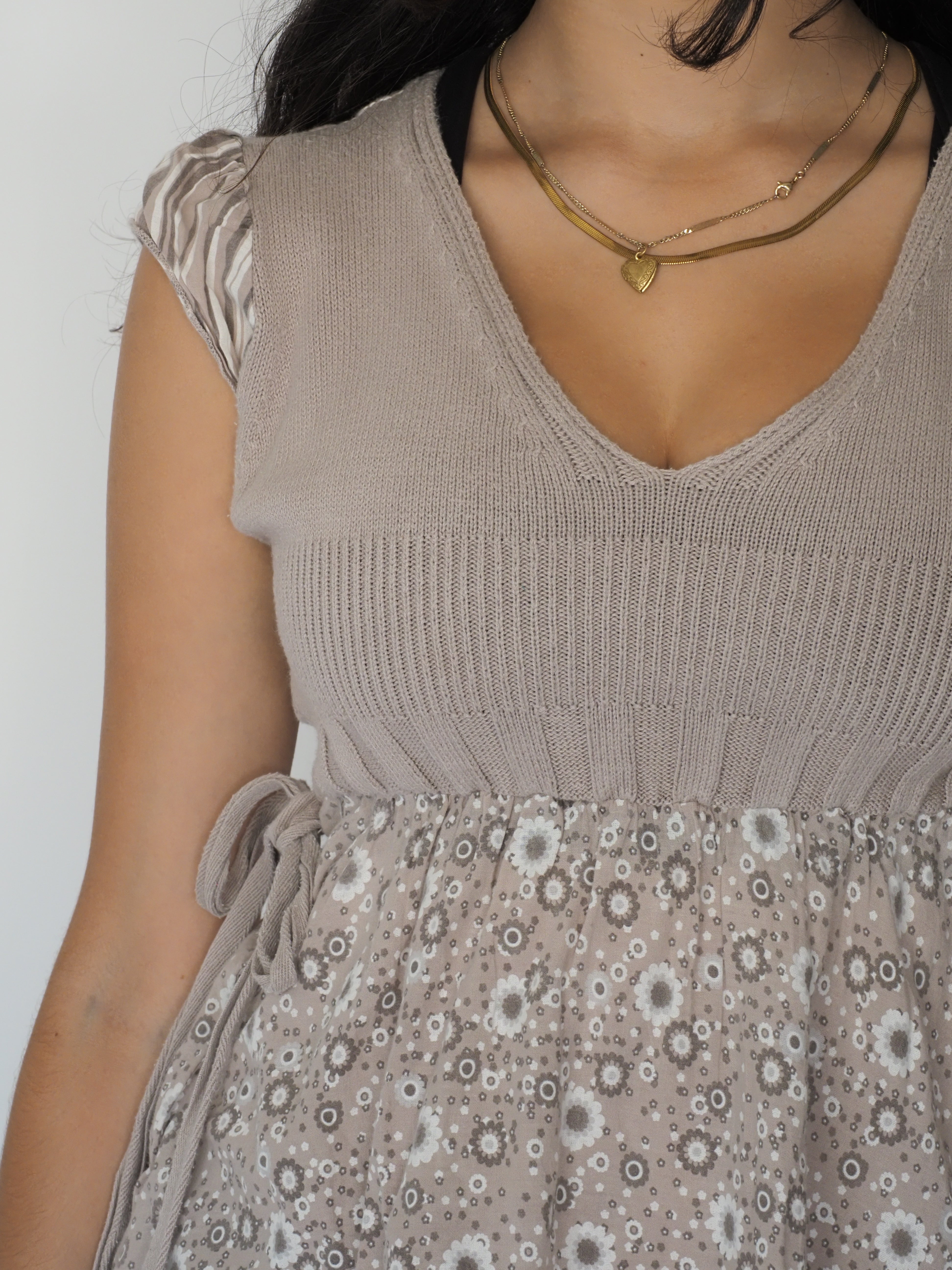 Matisse Taupe Knit & Lace Babydoll Top with Floral Mesh Overlay