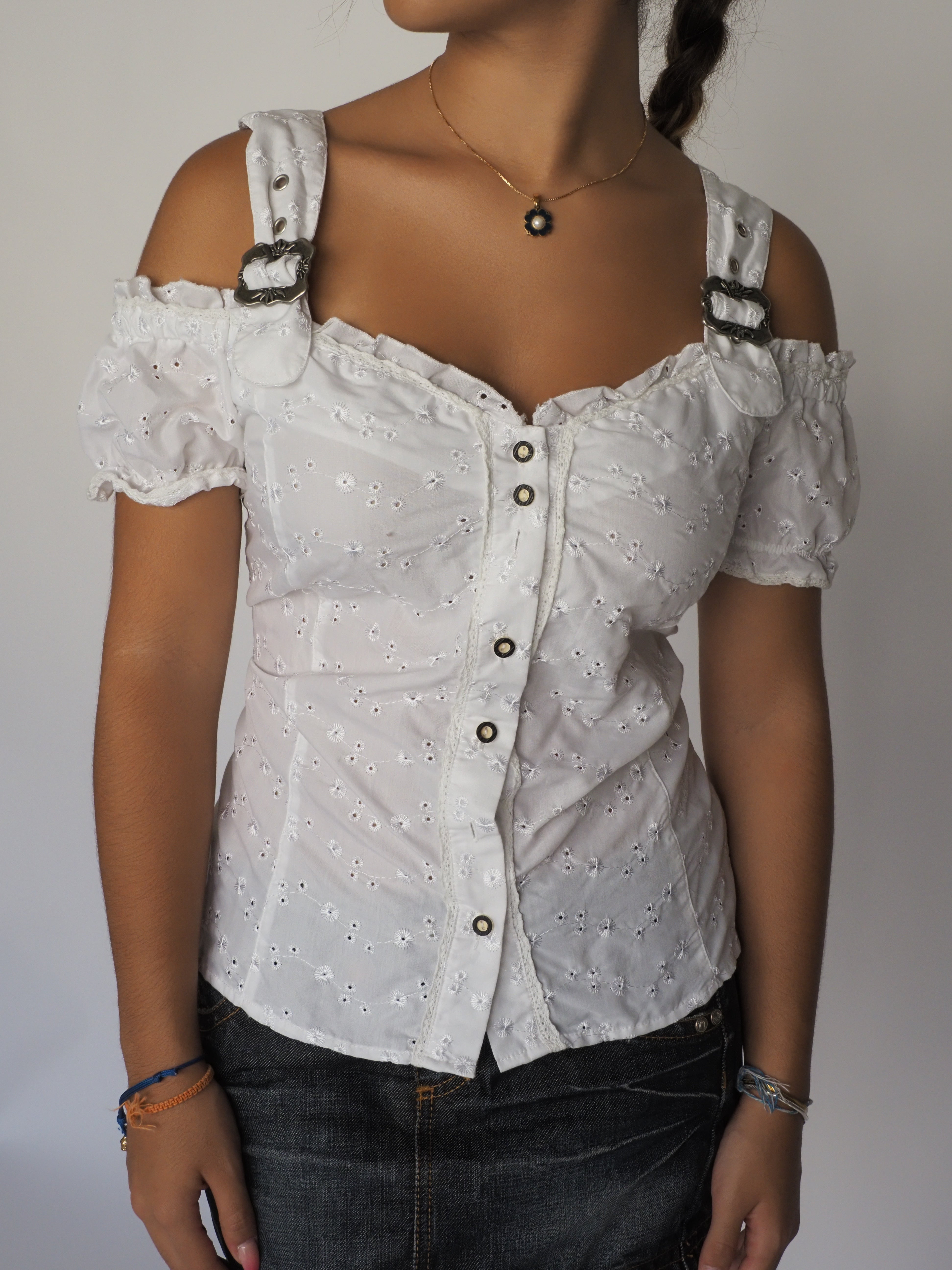 Vintage White Eyelet Cold-Shoulder Corset Top with Buckle Straps – Fuchs