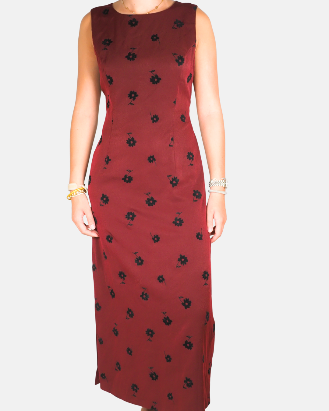 Vivida Burgundy Floral Flocked Midi Dress