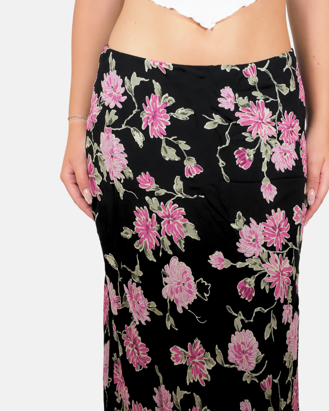 Black & Pink Floral Bias Maxi Skirt