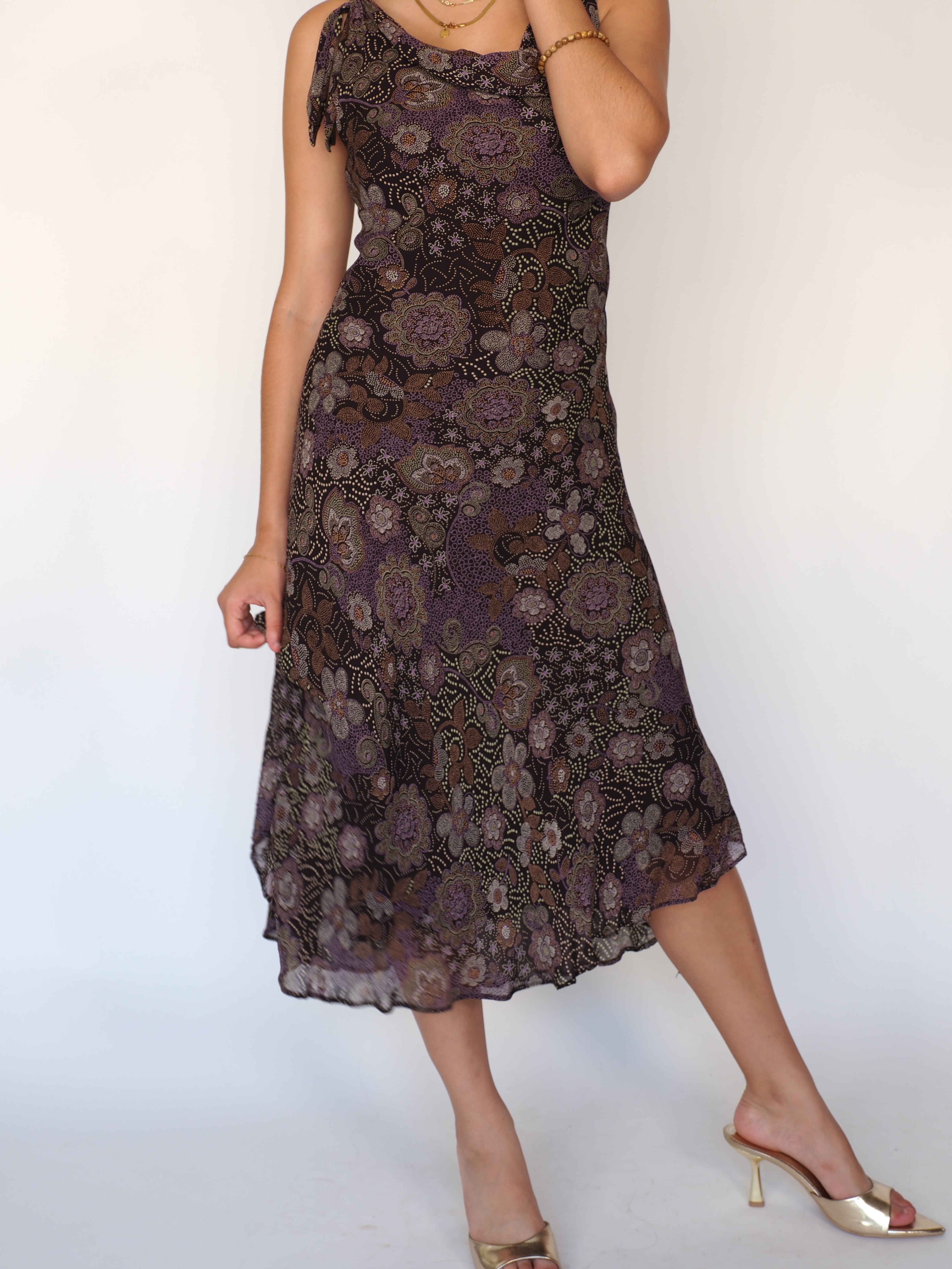 Vintage Roman London Whimsigoth Midi Dress – Purple Floral Mesh