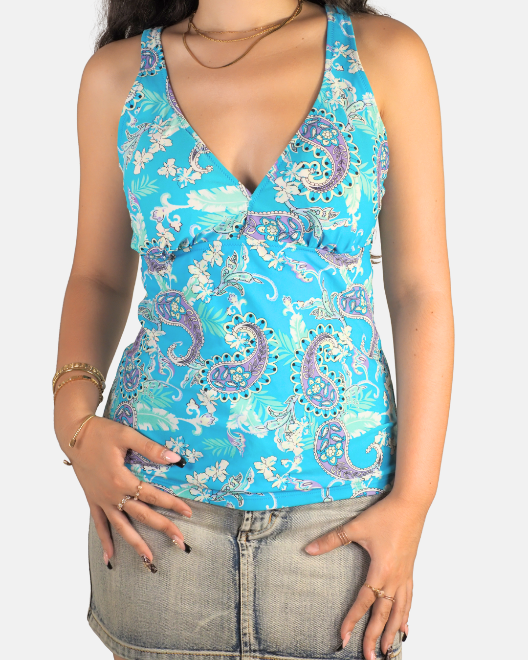 Turquoise Paisley V-Neck Tankini Top
