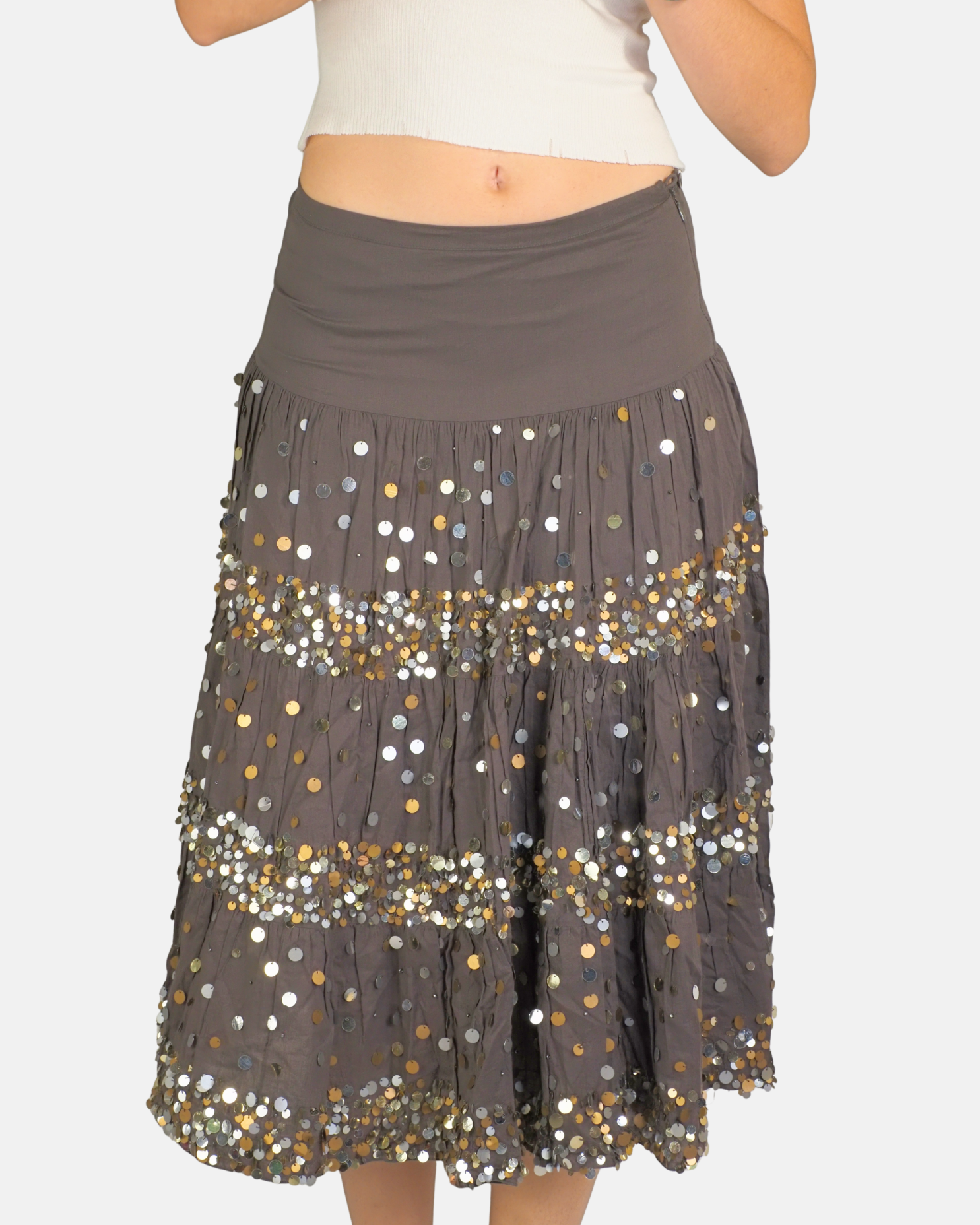 Bronze Sequin Tiered Midi Skirt - Kookaï