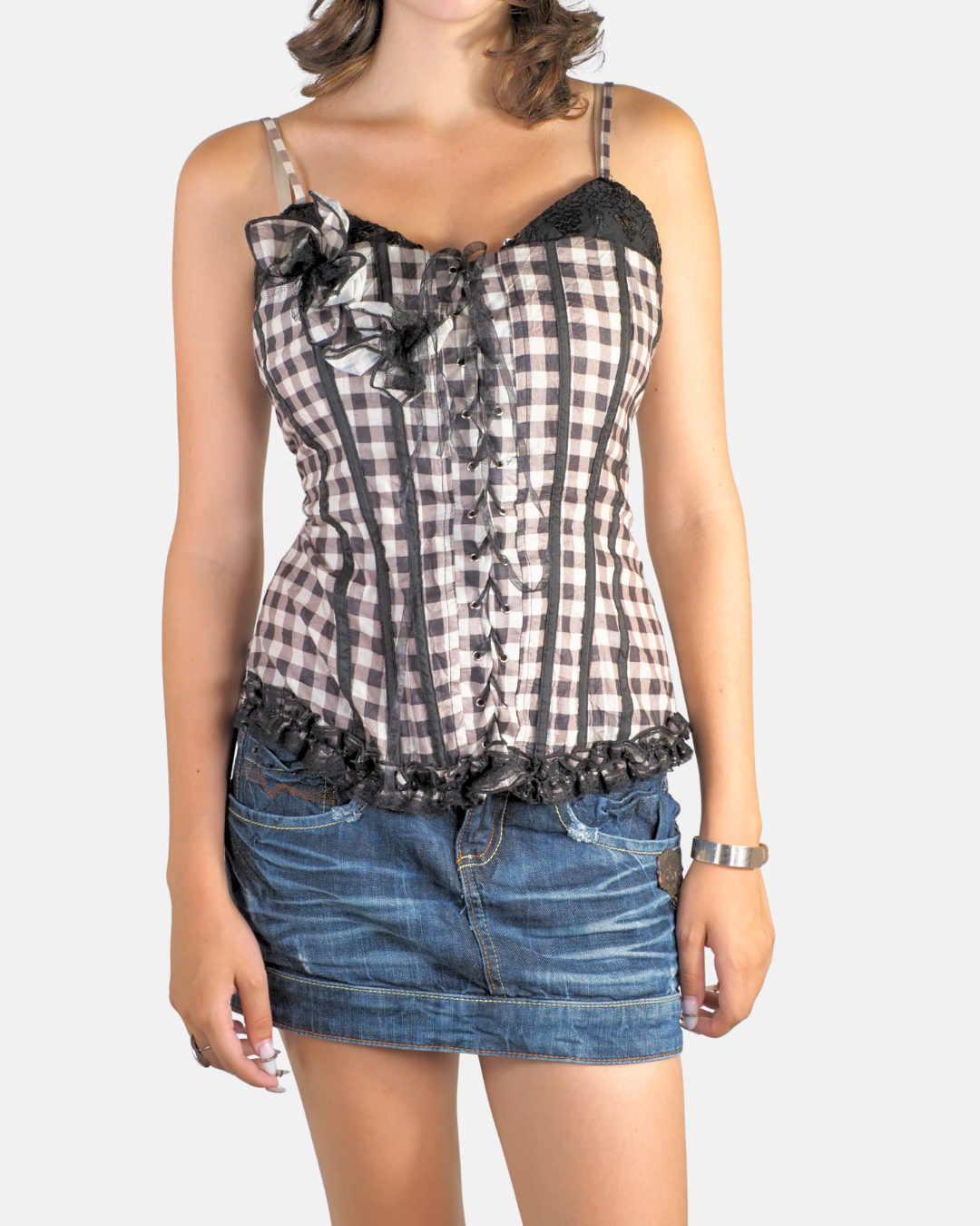 Y2K Gingham Lace Up Corset Top - Lovie