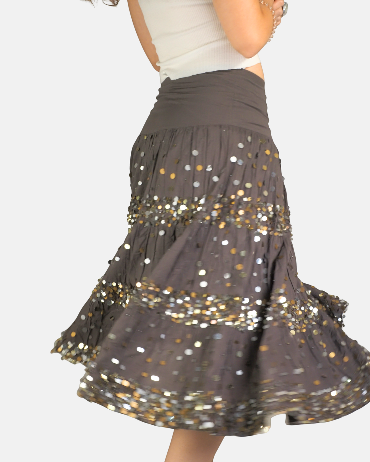 Bronze Sequin Tiered Midi Skirt - Kookaï