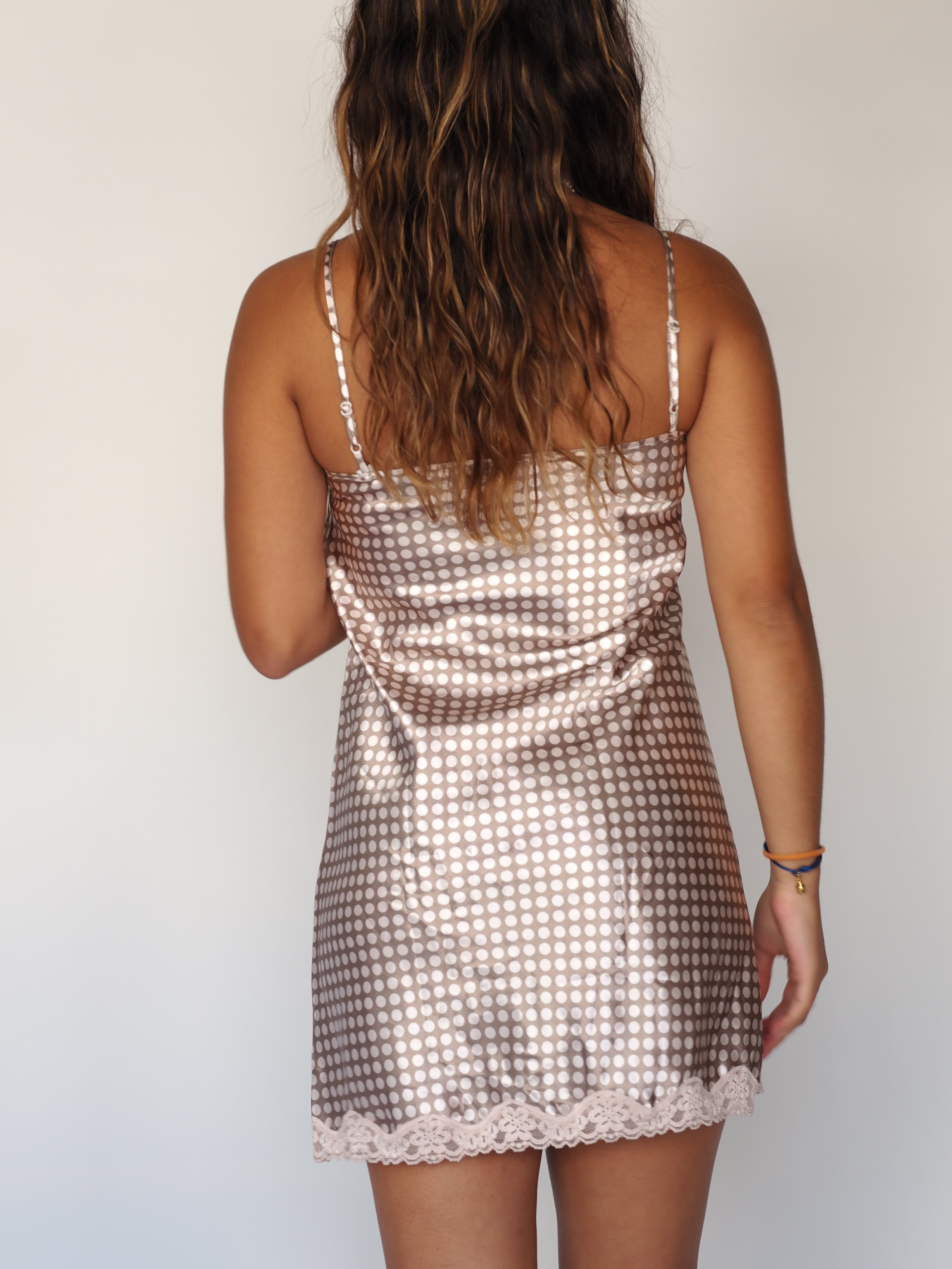 Taupe Polka Dot Satin Slip Dress with Lace Trim