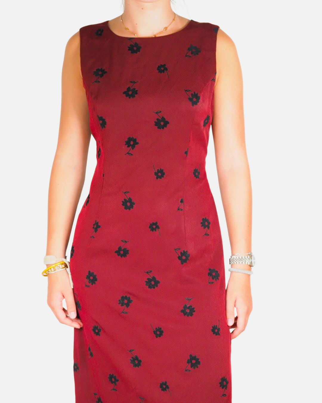 Vivida Burgundy Floral Flocked Midi Dress