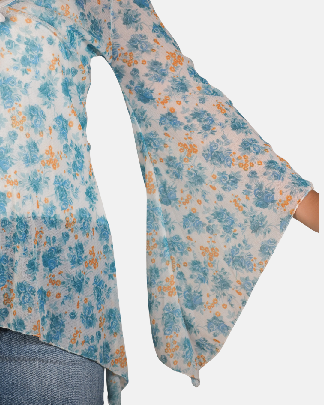 Blue Floral Bell Sleeve Tie Front Top