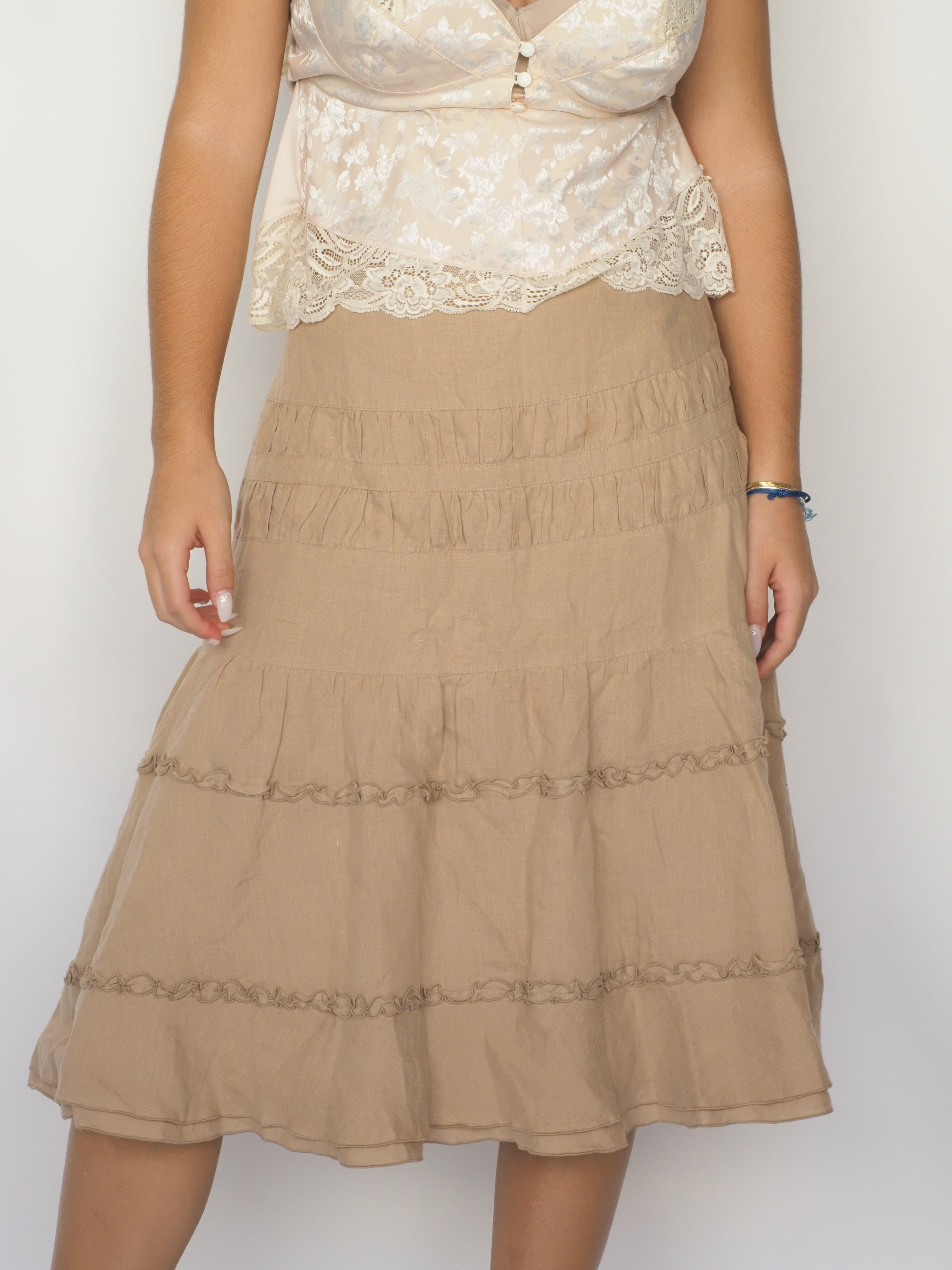 Beige Tiered Ruffle Midi Skirt – Pinore