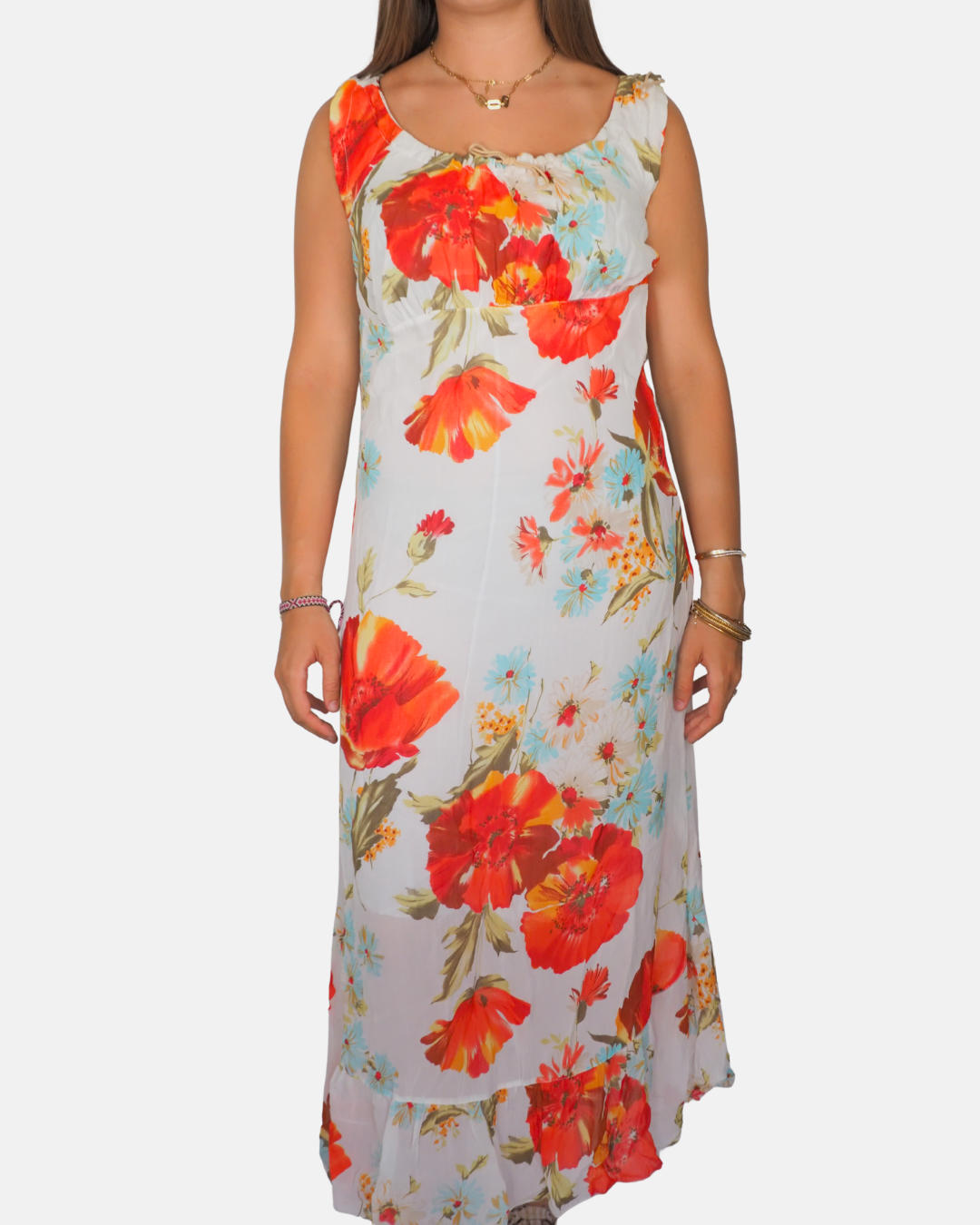 White Poppy Floral Chiffon Maxi Dress