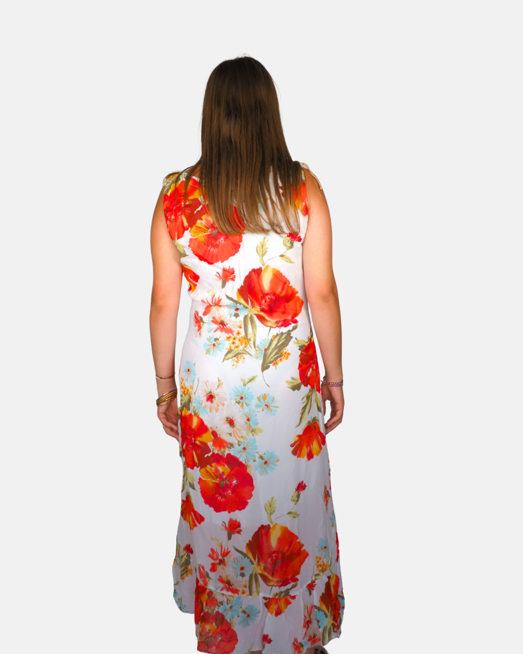 White Poppy Floral Chiffon Maxi Dress