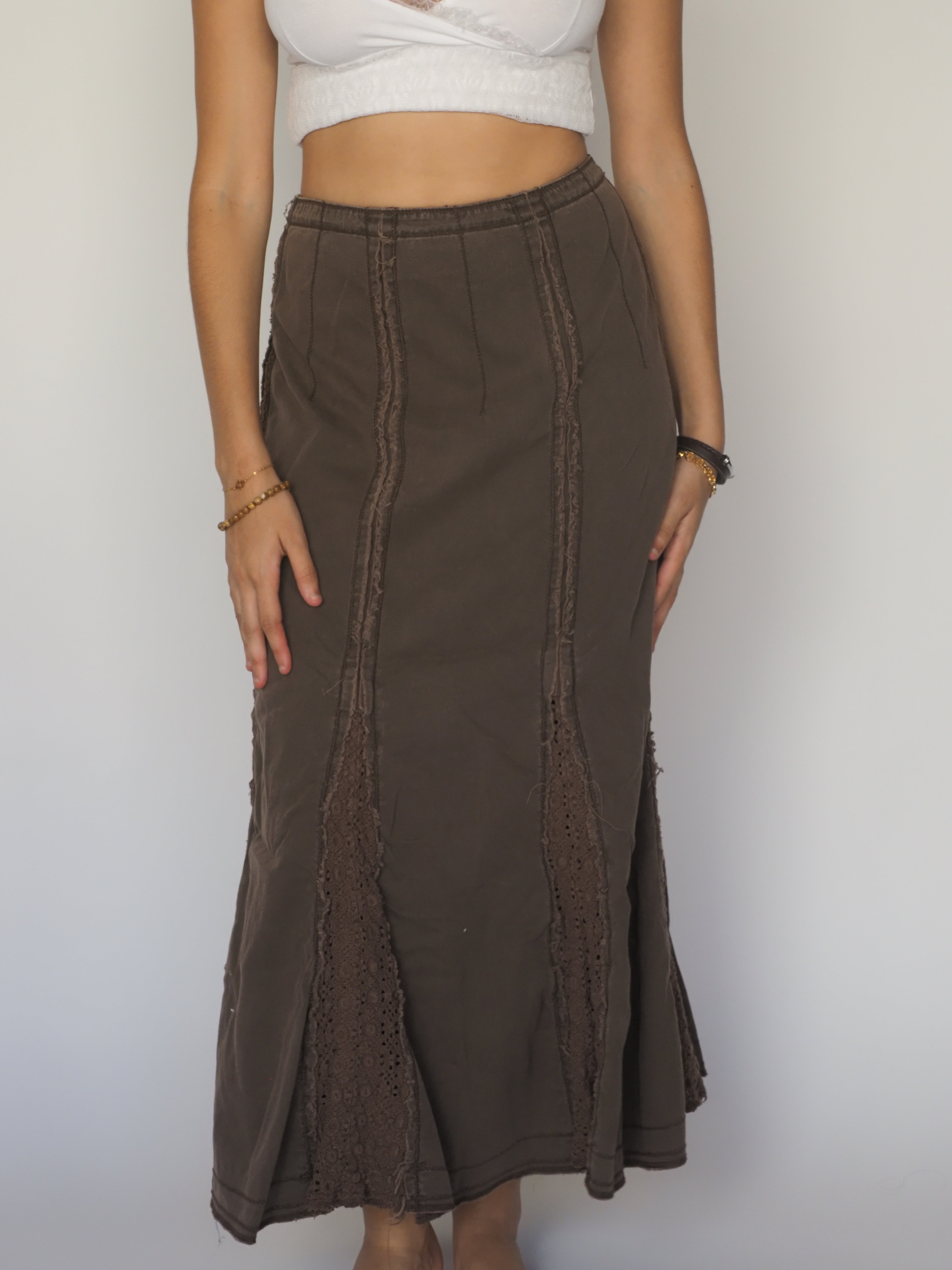 Chocolate Brown Maxi Skirt with Crochet Panels – Cherokee