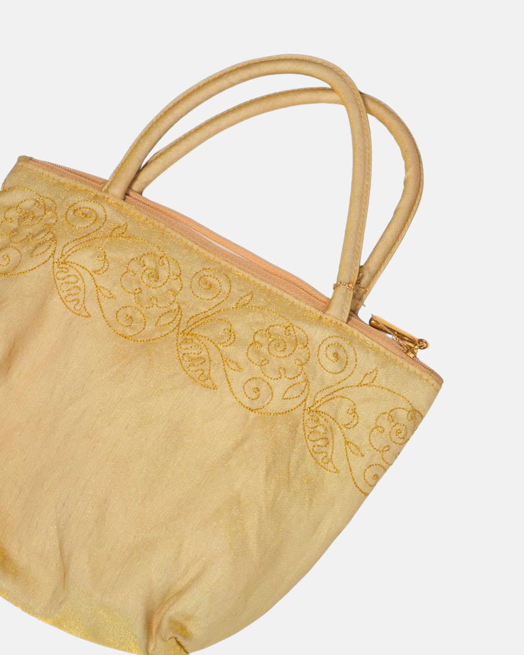 Golden Embroidered Satin Top Handle Bag