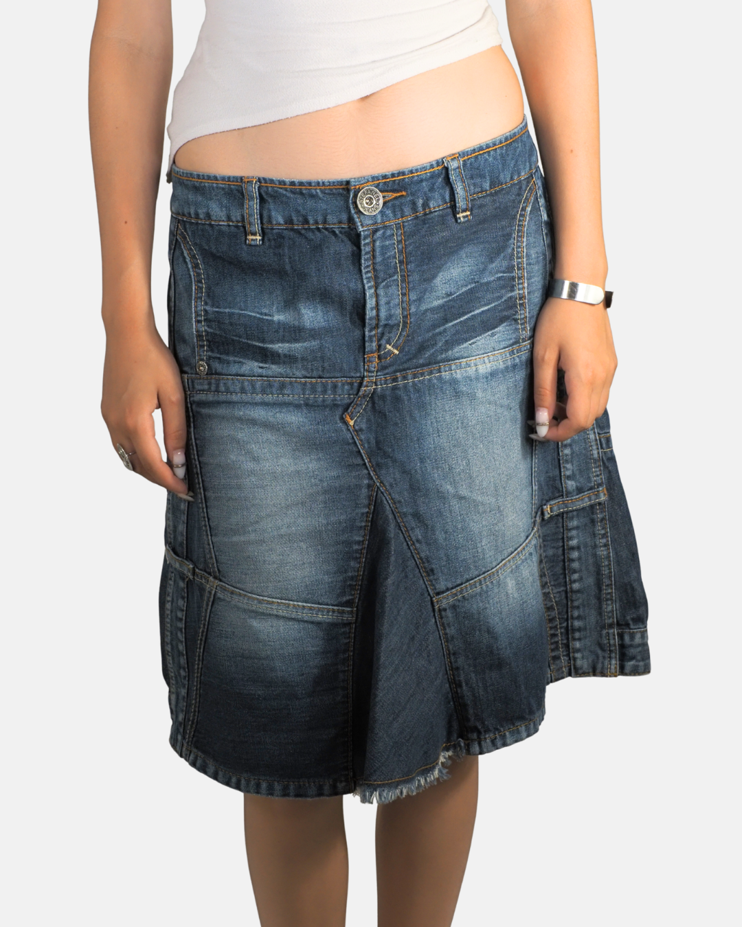 Low-Rise Patchwork Denim Midi Skirt - Stefanel