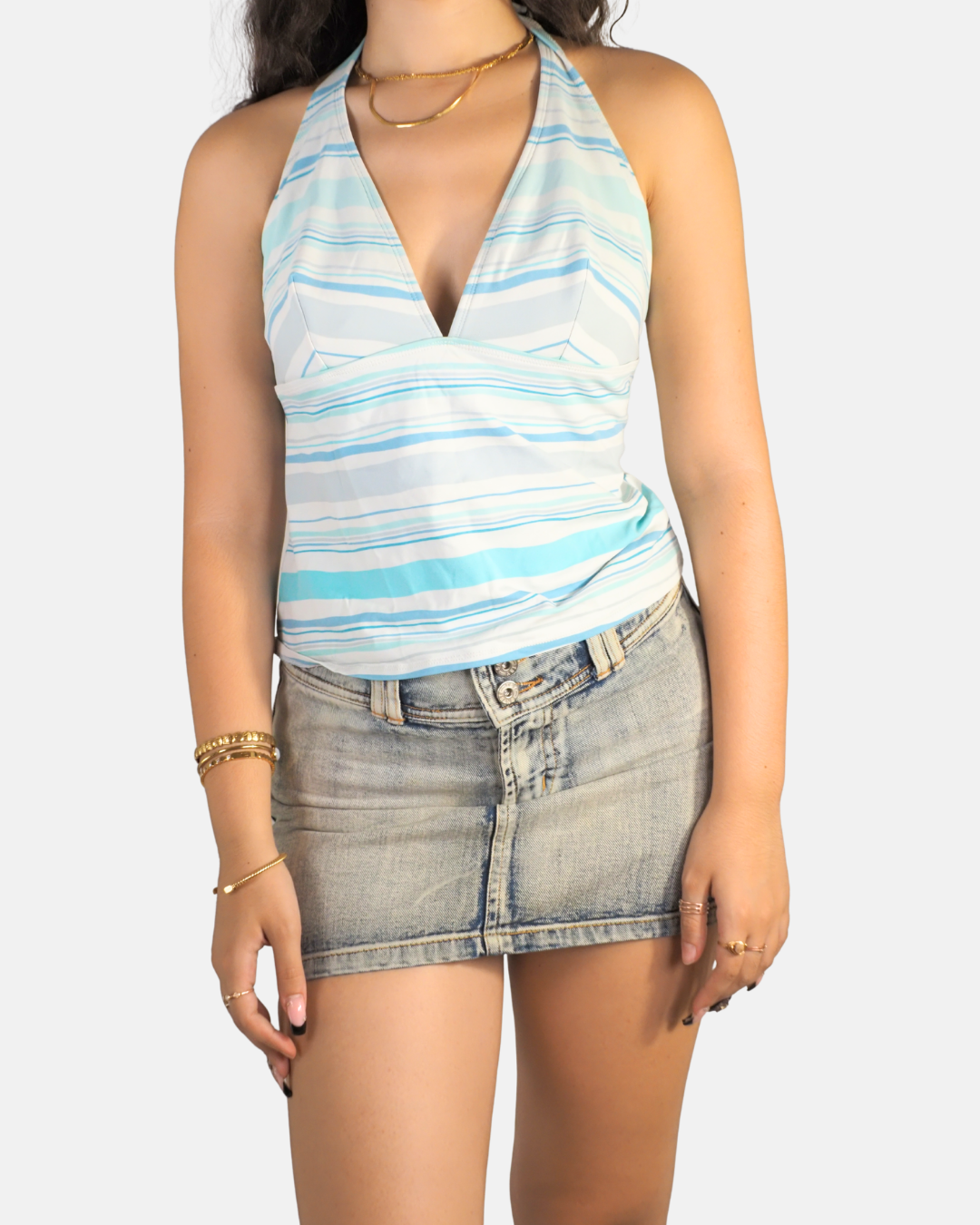 Y2K Blue Striped Halter Tankini Top - M&S