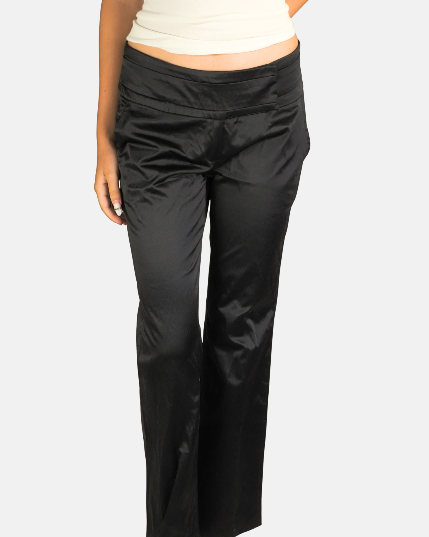 Black Satin Low-Rise Trousers - LuluMary