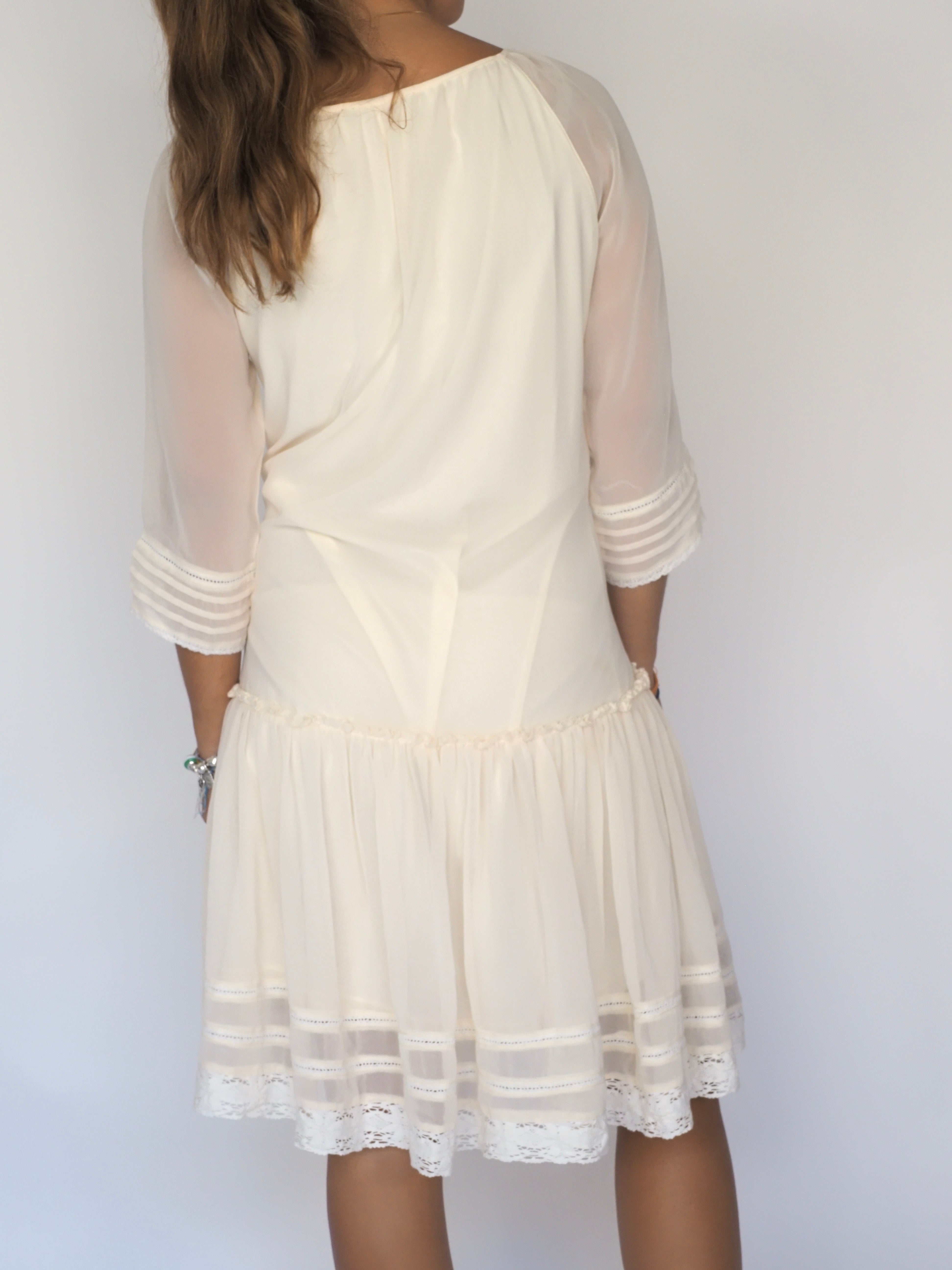 Cream Boho Embroidered Sheer-Sleeve Dress – Azel